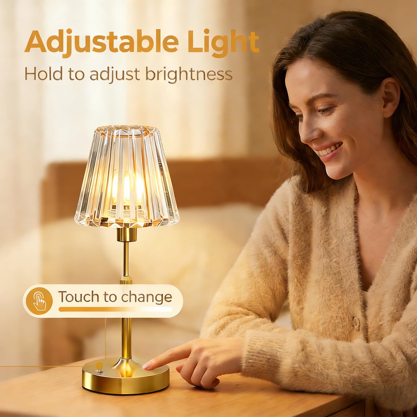 GDSZBYSM Gold Cordless Table Lamp, Rechargeable Battery Operated Lamp with 5200mAh & Stepless Dimming, Portable Crystal Glass Table Lamp for Living Room Bedroom Nightstand, Elegant Housewarming Gift