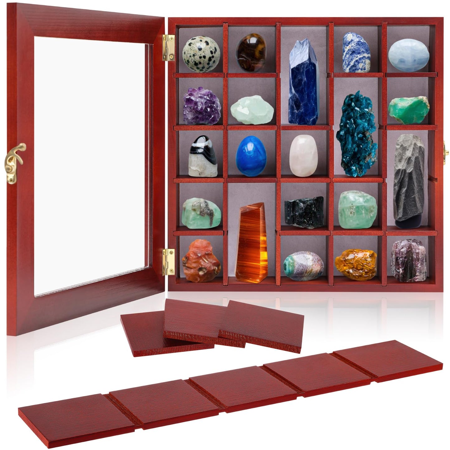Yalikop Wood Adjustable Rock Display Case with Lid 25 Grids Rock Collection Shadow Box with Shelves Display Shelf Storage Organizer for Collectibles Trinket Gem Agate Opal Stone Mineral Crystal