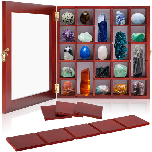 Yalikop Wood Adjustable Rock Display Case with Lid 25 Grids Rock Collection Shadow Box with Shelves Display Shelf Storage Organizer for Collectibles Trinket Gem Agate Opal Stone Mineral Crystal