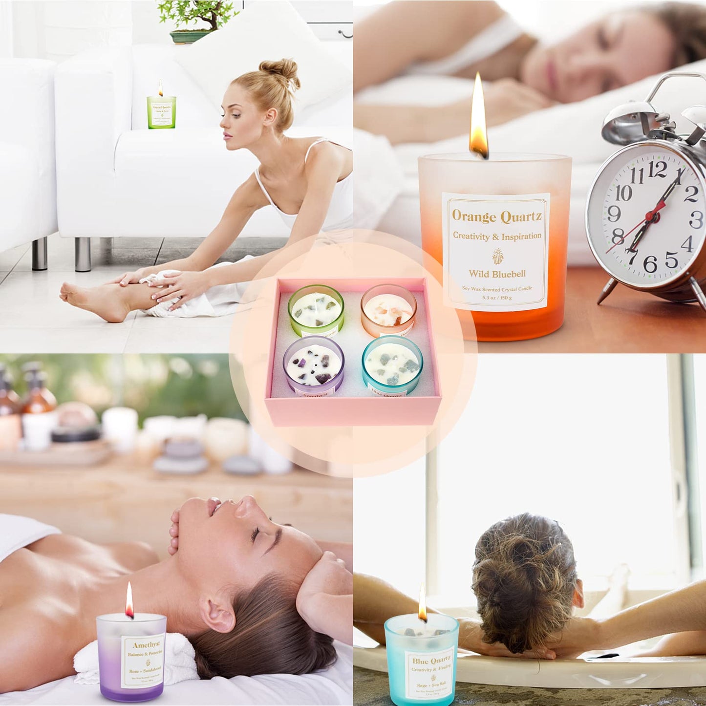 4 Pack Scented Candles with Healing Crystals, Rose, Sage and Amethyst