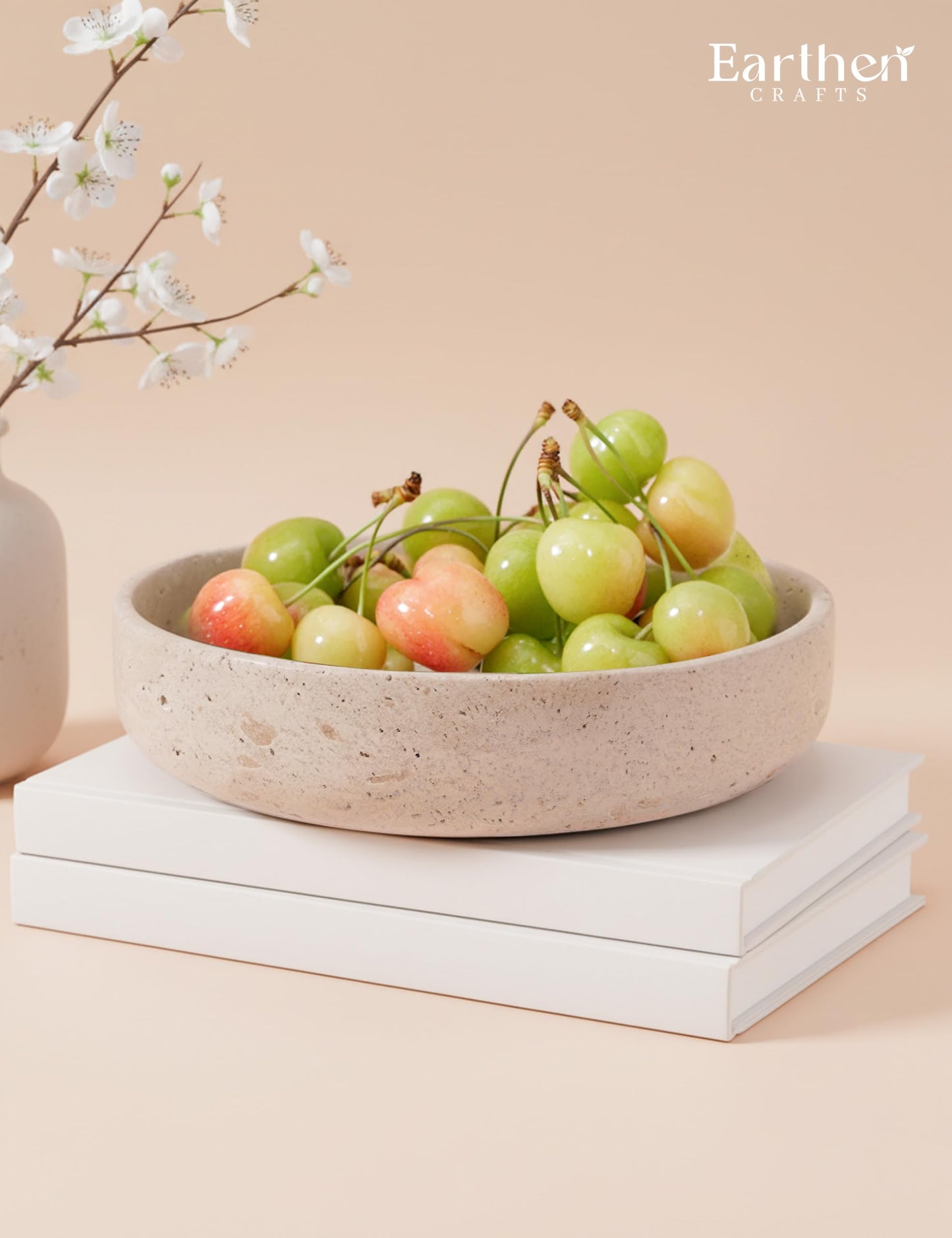 EARTHEN CRAFTS Marble Decorative Bowl 8" Inches Travertine Key Bowl for Entryway Natural Stone Fruit Bowl For Kitchen Counter, Serving Bowl For Coffee Table, Modern Home Centerpiece Decor