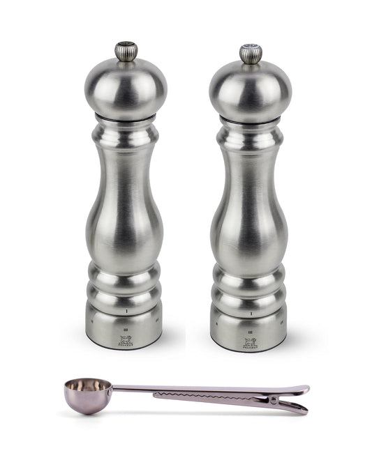Peugeot Paris u'Select 6 Setting Manual Stainless Steel Salt & Pepper Mill Set With Stainless Steel Spice Scoop Made In France (9- Inch)