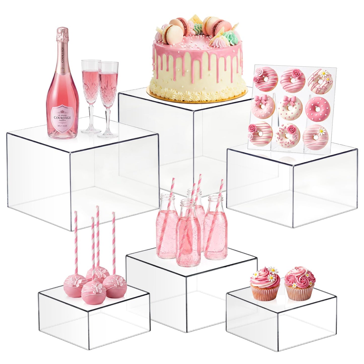 Budiwati 6 Pcs Acrylic Buffet Risers, Clear Stackable Food Display Stand, Nesting Cube Box with Hollow Bottom, Food Risers for Buffet Table Dessert Jewelry Catering(8'' 7'' 6'' 5'' 4'' 4'')