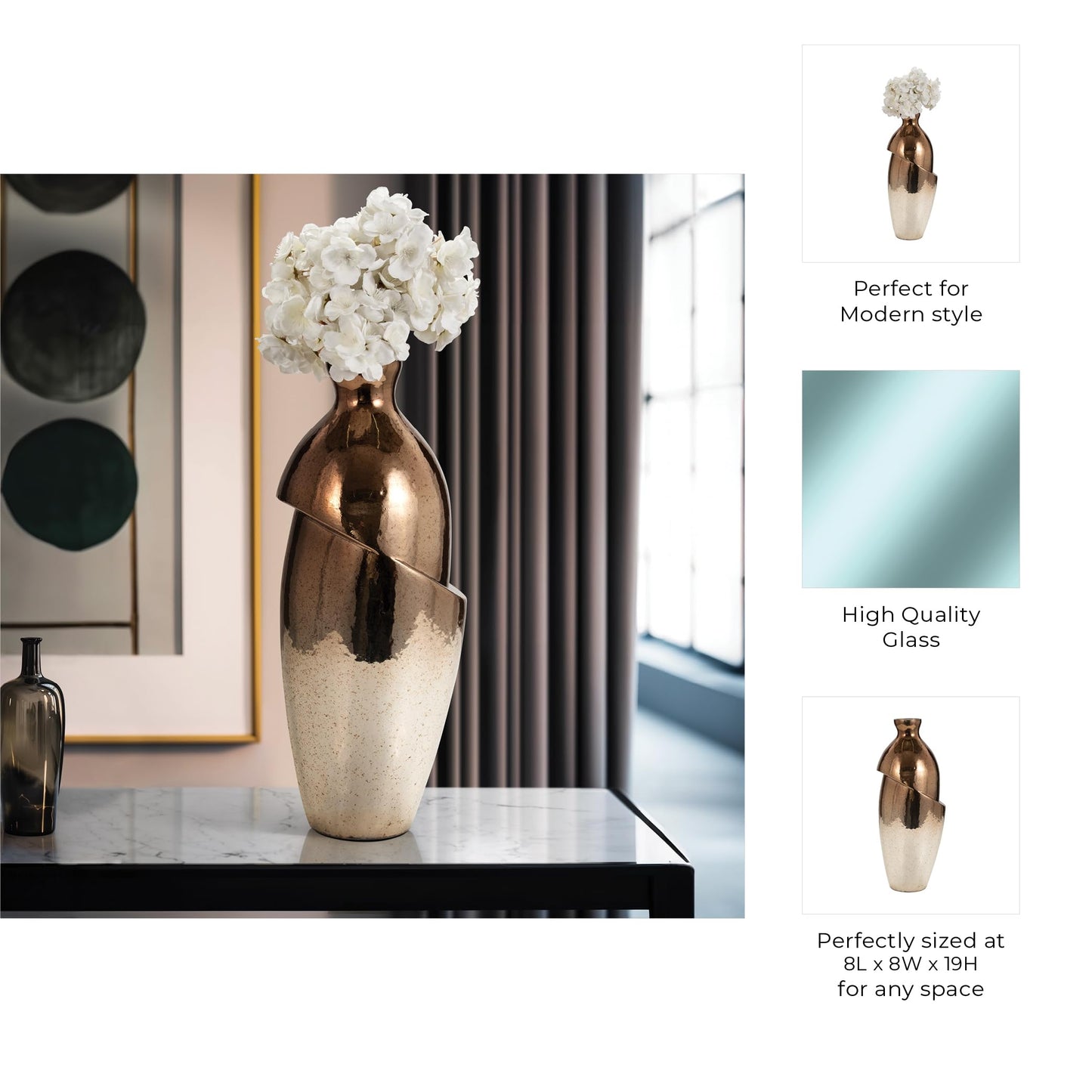 Sagebrook Home Modern Glass Vase - Unique Abstract Design - Handcrafted Metallic Glass - Luxury Decorative Accent for Home, Office, Living Room & Bedroom - 19" Copper & Bronze