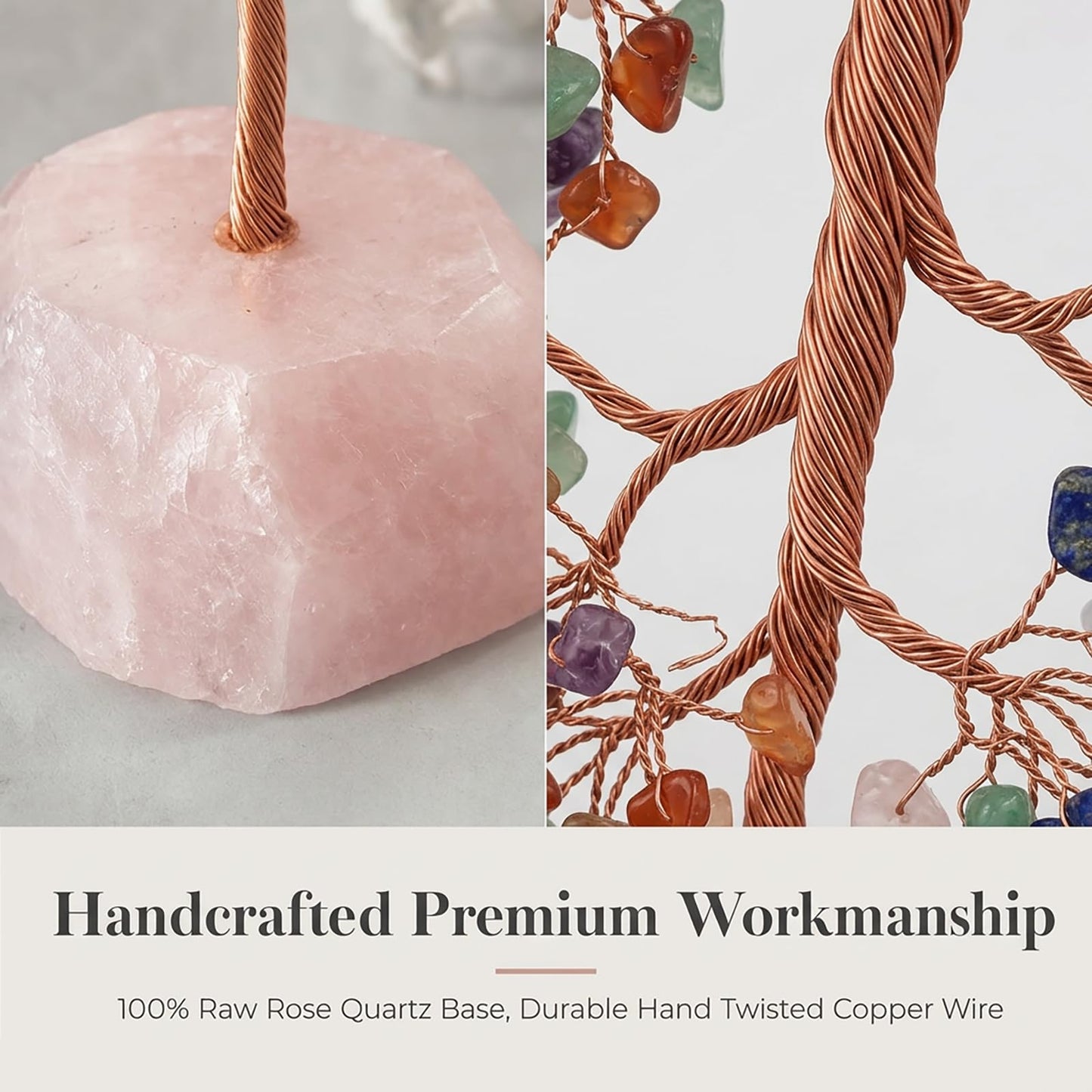 Fatonio 7 Chakra Tree of Life Tree with Raw Rose Quartz Base