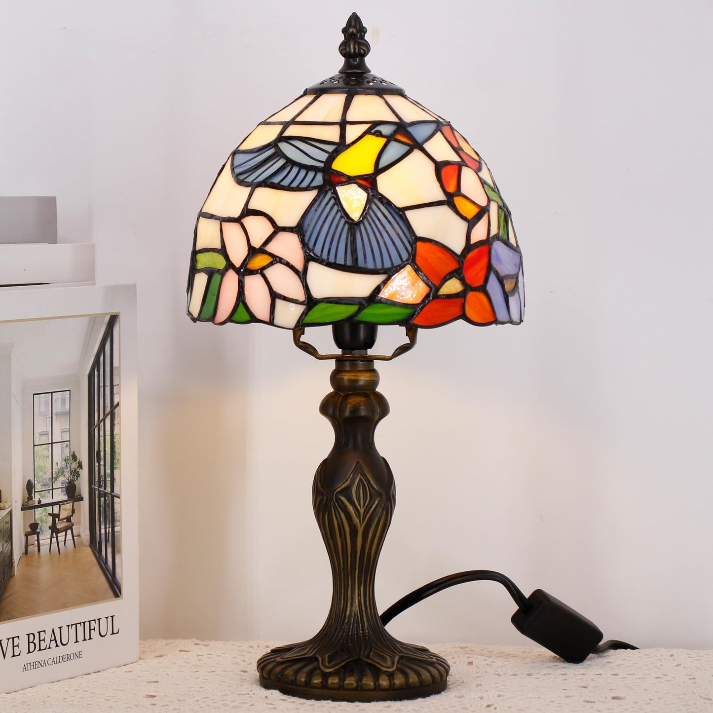 TCODTPOL Small Tiffany Stained Glass Table Lamp,Hummingbird