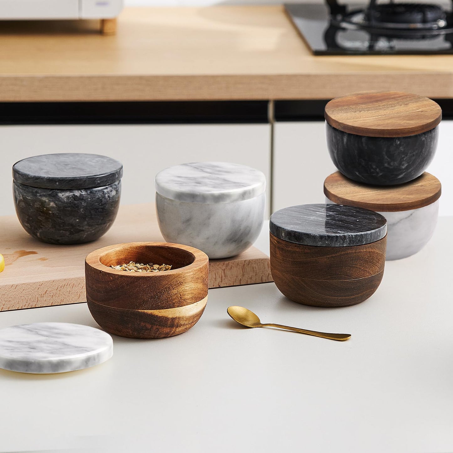 jalz jalz Marble Salt Box Spice keeper Black Big Salt Cellar Natural Material Salt Container Spice Cellar Large Capacity