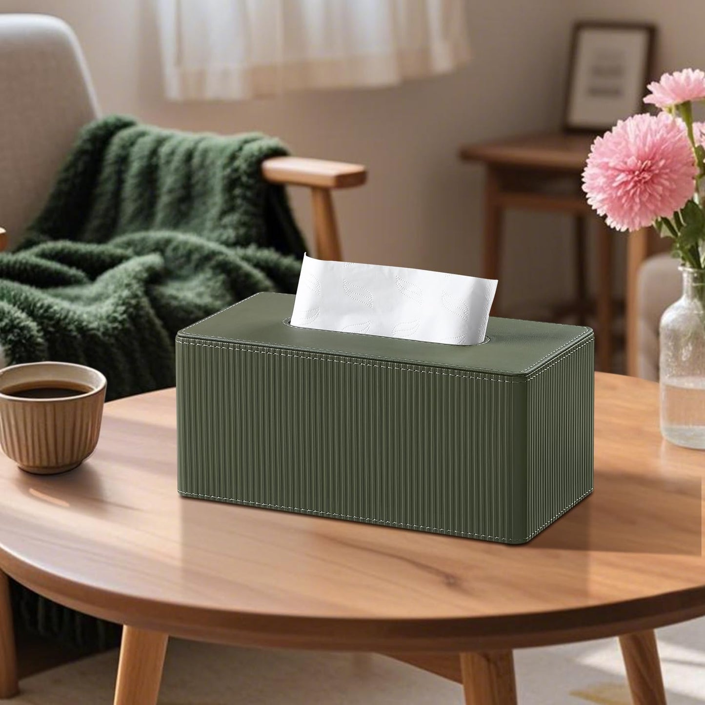 Cretkhp PU Leather Tissue Box Cover Rectangle with Magnetic Closure, Modern Tissue Box Holder for Bathroom NightStands Livingroom, Decorative Tissue Holder for 120(3-Ply)/160(2-Ply) Tissue Box (Green)