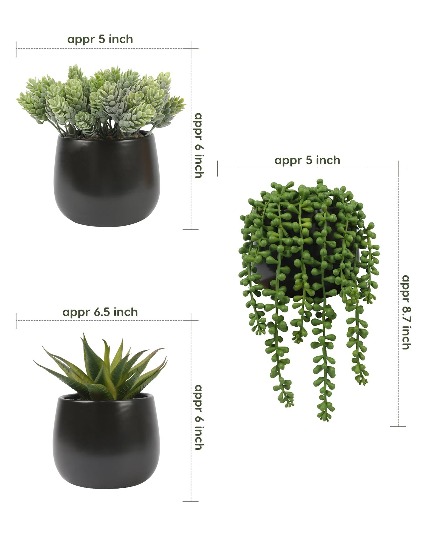 Velener Artificial Succulents Plants in Black Pots (Set of 3) - Faux String of Pearls, Aloe & Sedum Potted Plants Small Fake Plants Indoor for Home Office Table Desk Shelf Kitchen Bathroom Decor