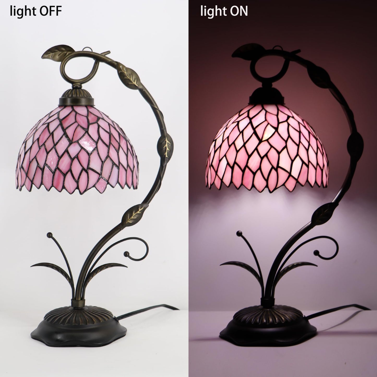 LXHCYOU Tiffany Table Lamp, Stained Glass Desk Reading Light, 8X10X19 Inches, Metal Leaf Base (Pink Wisteria)