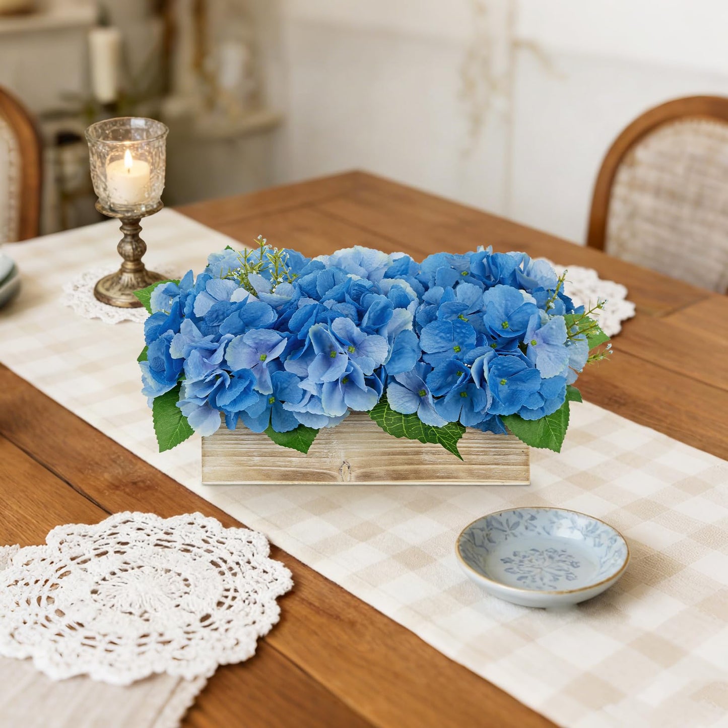 Blue Hydrangea Artificial Flowers Arrangement in Wooden Planter Pot, Fake Hydrangea Flowers with Rectangular Box Vase, Silk Floral Centerpiece for Dining Room, Coffee Table, Kitchen, Windowsill Decor
