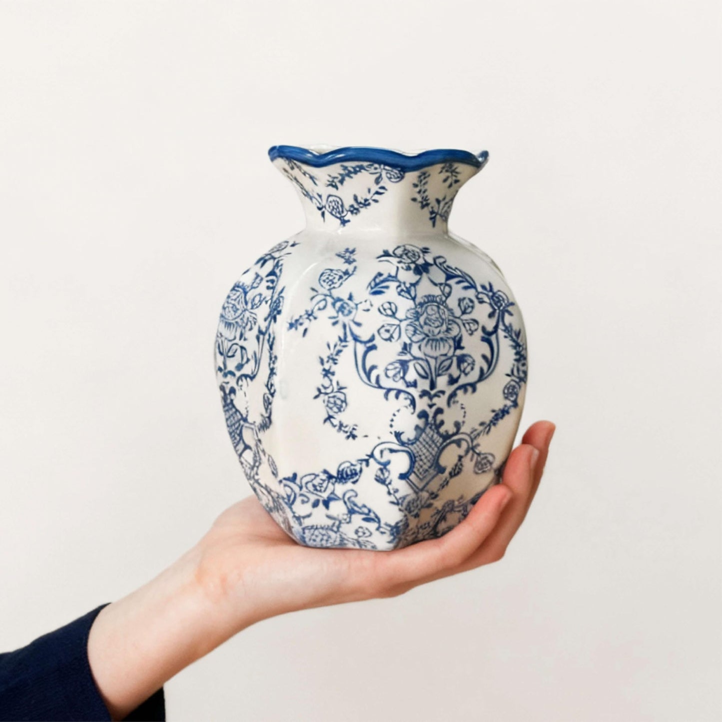 SEICASAYA 6-inch Height Vintage Blue Ceramic Flower Vessel – Elegant Hand-Painted Floral Design, Durable Ceramic Construction， (Crabapple Blossom)