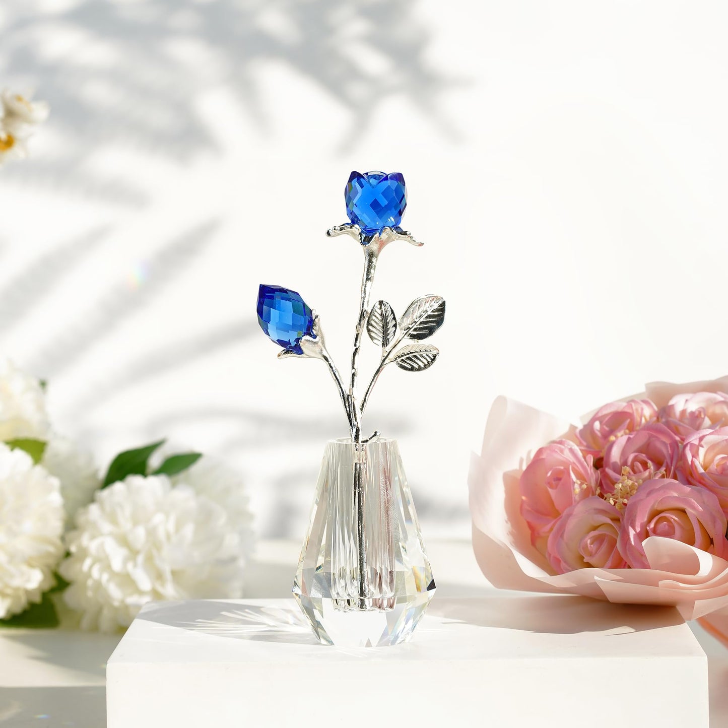 H&D HYALINE & DORA Blue Crystals Roses with Sliver Metal Stem Glass Figurine Ornament Wedding Gifts for Woman Home Party Decorations