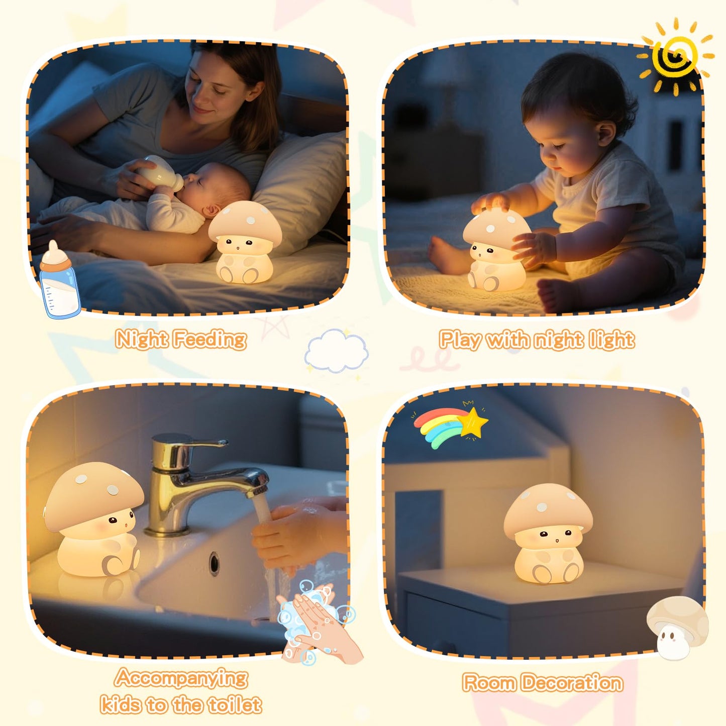 ICARER FAMILY Mushroom Night Light for Kids - Portable LED Nursery Lamp with Tap Control, 7 Color Changing, Dimmable Bedside Light for Baby Room, Toddler Birthday Gift