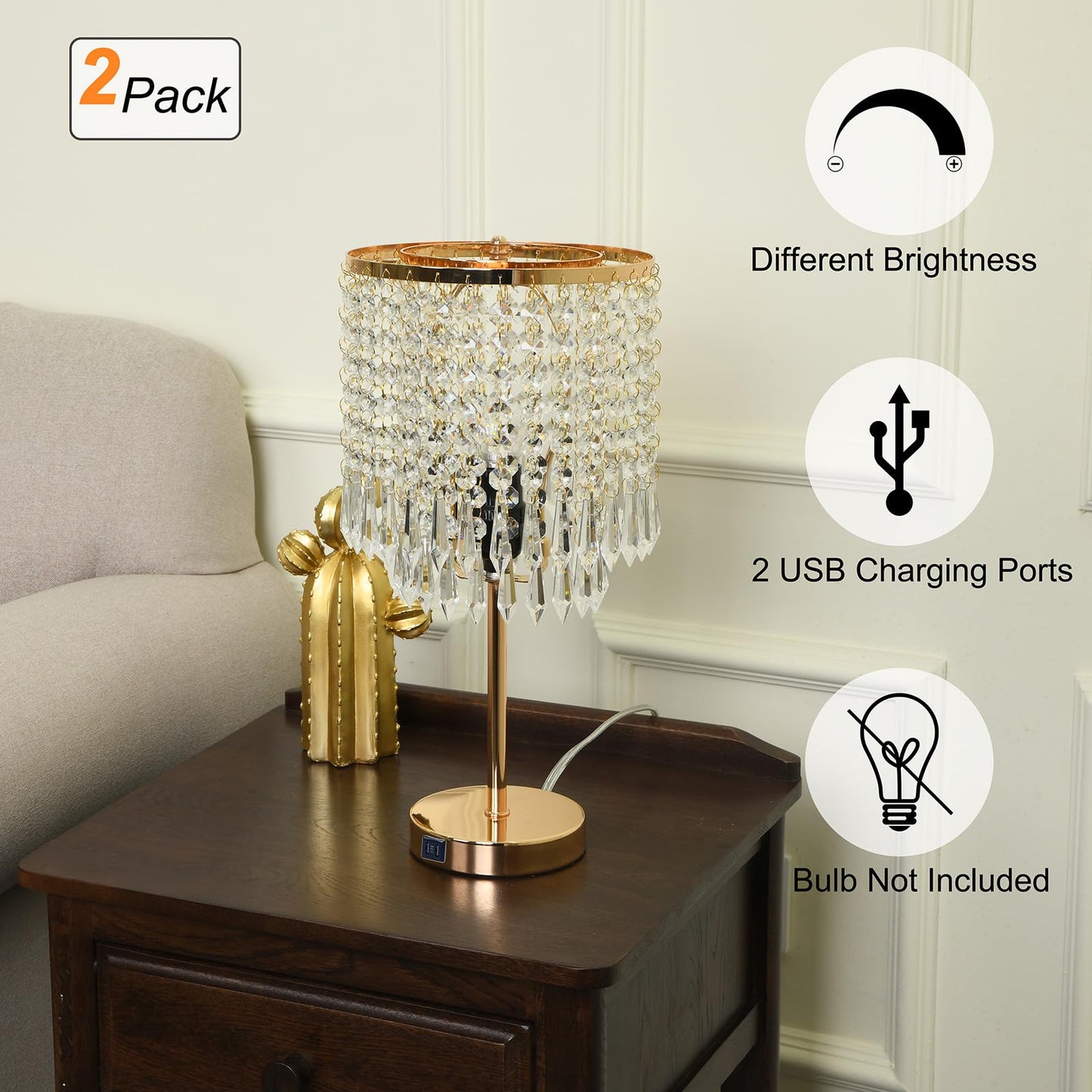 Popity home Crystal Table Lamps Set of 2, Gold Lamps for nightstand with 2 USB Charging Ports, 3-Way Touch Dimmable Crystal Desk Lamp, Gold Bedside Lamp with Elegant Shade for Bedroom, Living Room
