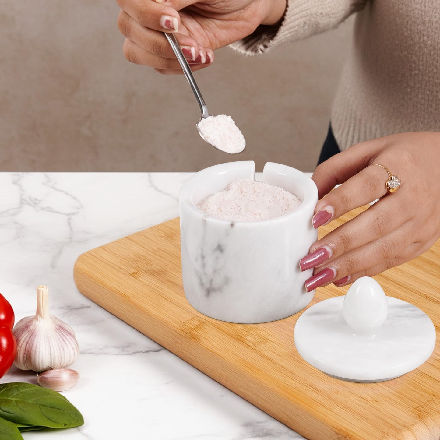Marble Salt Cellar with Lid – White 4 Inch Table Salt Container, Salt Jar, Salt Dish, Salt Holder, Spice Jar, Sugar Bowl, Seasoning Container, Salt Dispenser for Kitchen Countertop
