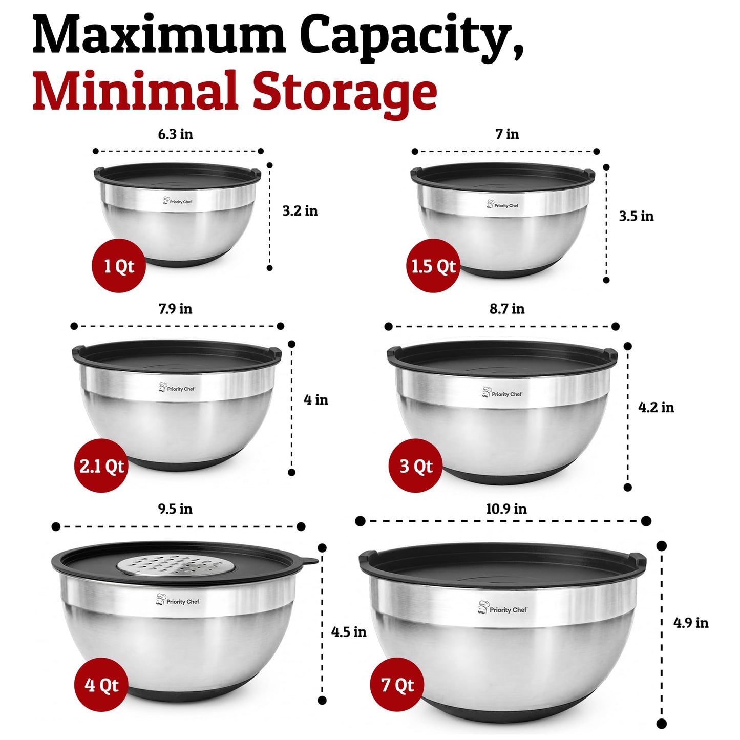 Priority Chef 6pc Stainless Steel Mixing Bowls with Lids Set, 7 Qt, Black