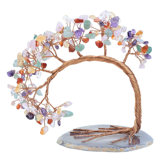 Rockcloud Handmade 4.5-5.2'' Crystal Money Tree with Agate Slice Base Tumbled Stones Feng Shui Bonsai Home Office Decor for Luck and Wealth, Mixed Color Stone