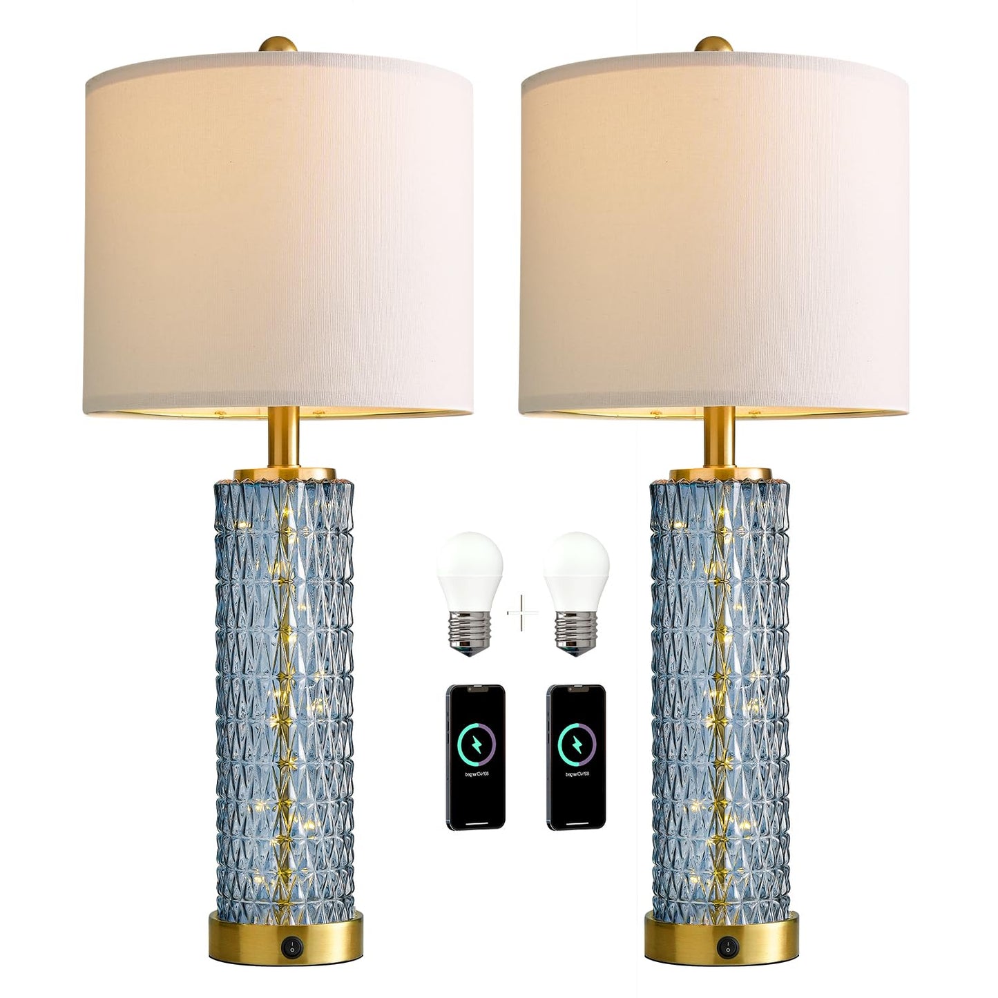 Oneach 27.75” Table Lamps Set of 2, Blue Modern Bedside Lamp with LED Night Light, USB A+C, Glass Lamps for Living Room, Bedroom, Nightstand, Office, End Table (2 Bulbs Included)