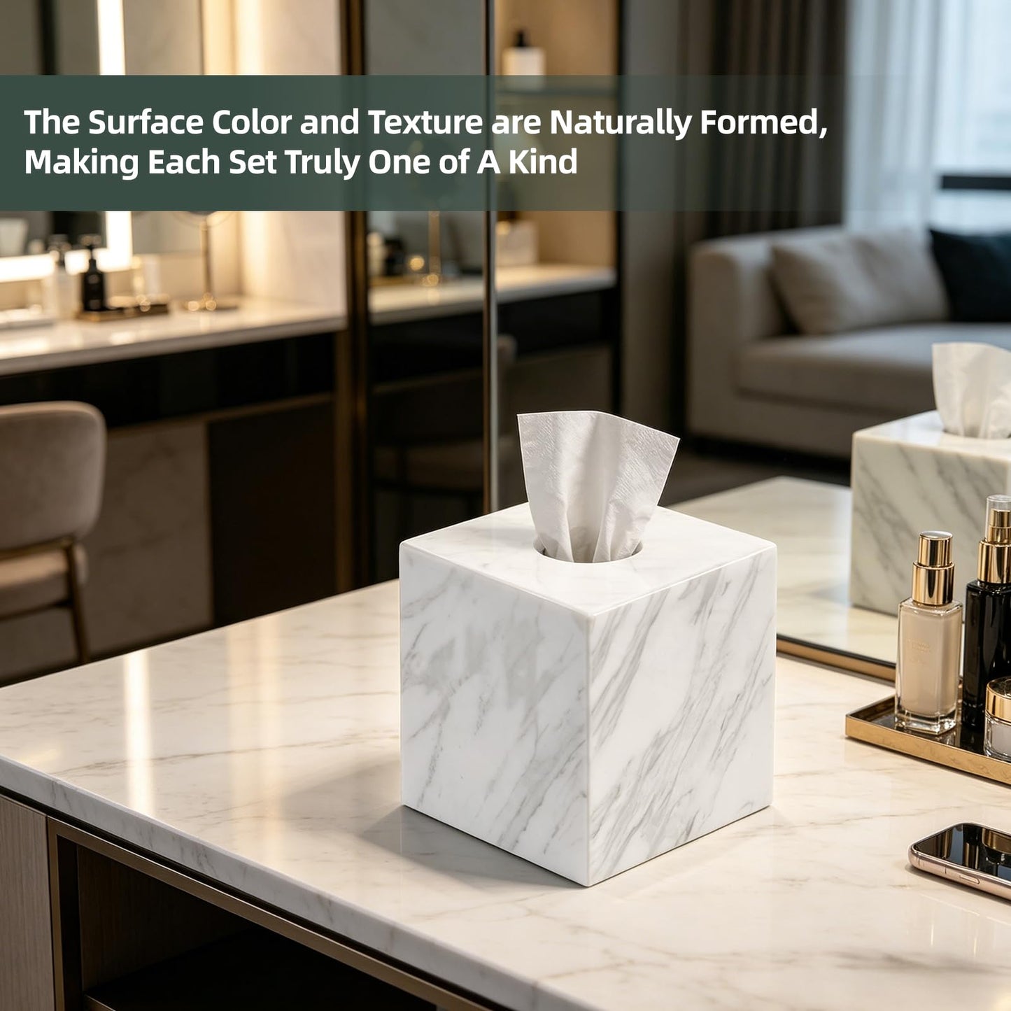 Mylvrek Natural Marble Tissue Box Cover, Square Cube Facial Marble Napkin Holder with Open Bottom, Decorative Marble Tissue Dispenser for Bathroom Countertop, Office Desk, Dining Table (White)