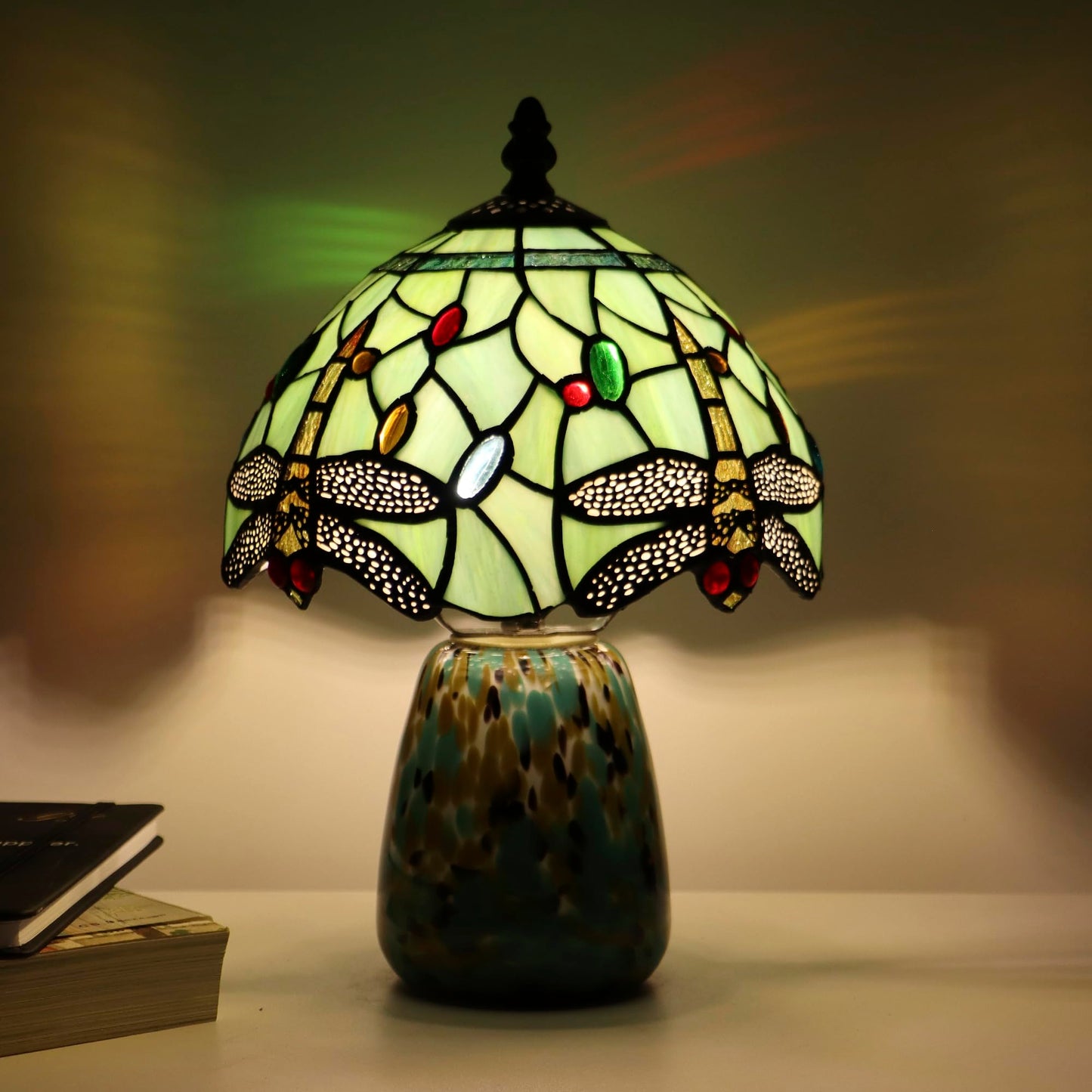 Tiffany Mushroom Table Lamp Dragonfly Style Grass Green Stained Glass Accent Lamp Brown Blue Glass Base 8X8X12 Inch