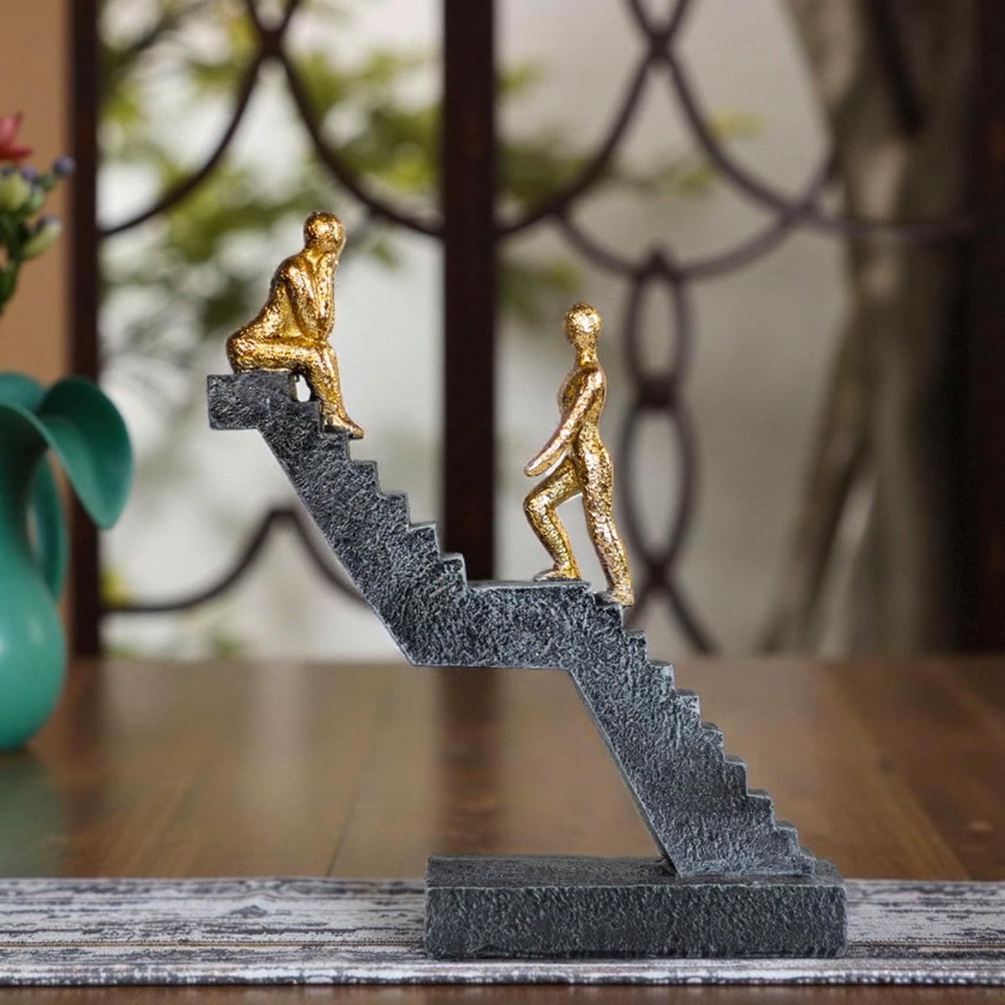 Hebdids Modern Staircase Sculpture, Gold Figures on Black Steps, 8.66 x 7.09 x 2.56 inches, Contemporary Art Decor