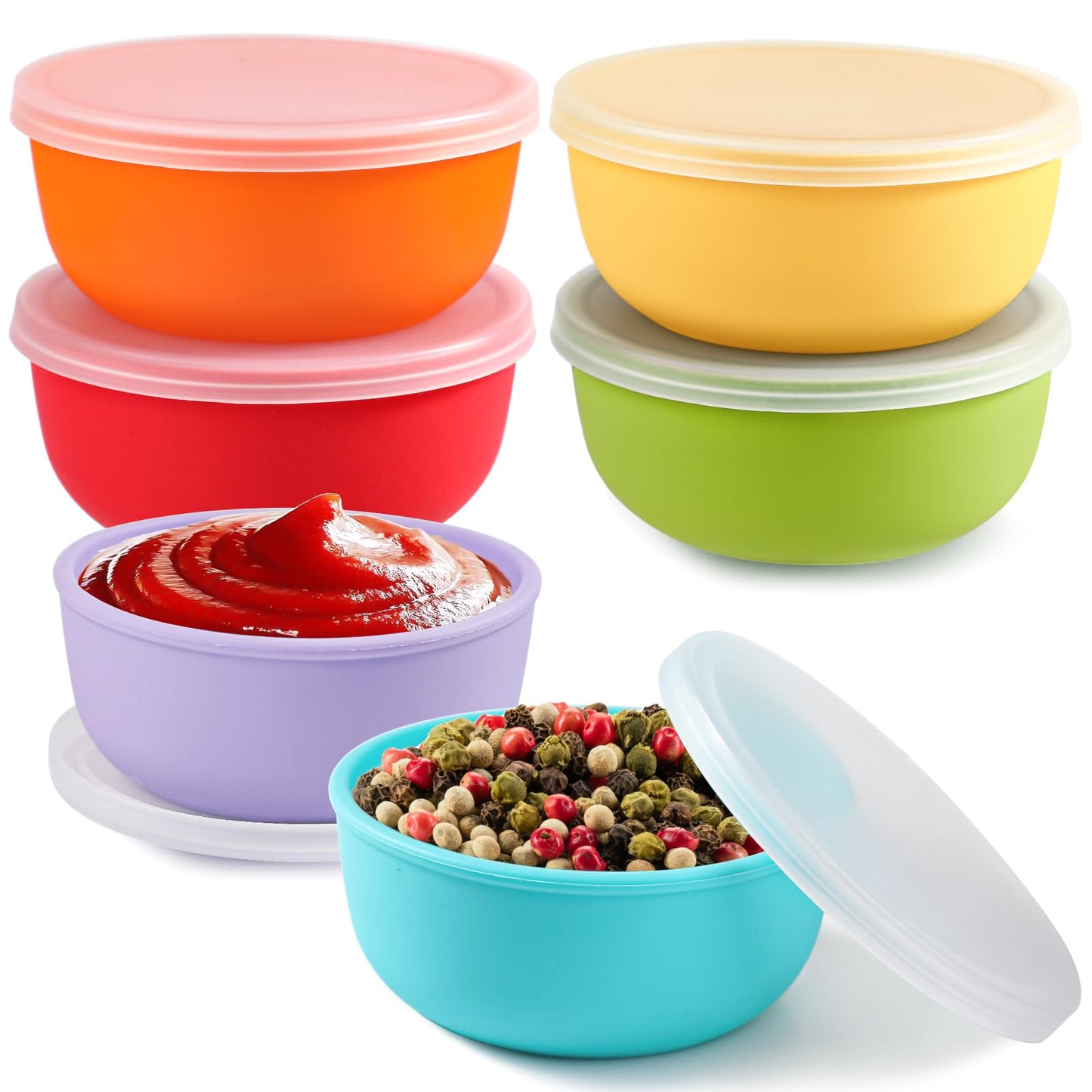 Webake 3.5" Silicone Pinch Bowls for Cooking Prep, 4oz Small Dipping Bowls with Lids, Serve, Food Storage, BPA Free Set of 6
