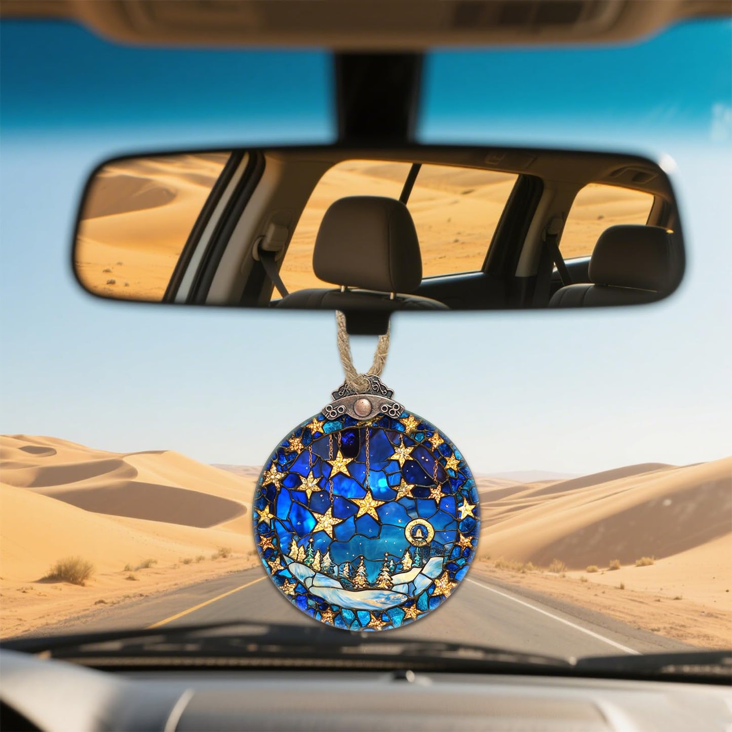 AMDERVEN Stained Glass Christmas Decorations, Blue Starry Winter Snow Scene Suncatcher for Window Christmas Tree Hanging Ornaments Star Sun Catcher Xmas Decor Gifts for Women Men Mom Nana Friend