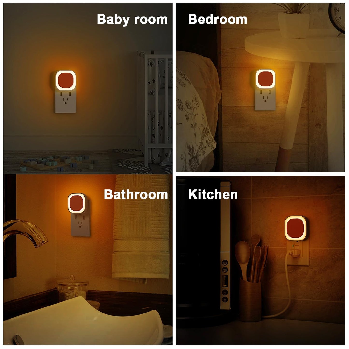 YUNLEX 2 Pack Amber Night Light, Dusk to Dawn Sensor, Warm Glare-Free Reflected Glow, 3-Level Dimmer, Auto On/Off, Plug-in LED Nightlight for Bedroom, Kids, Bathroom, Sleep, Baby Nursery, Toddler