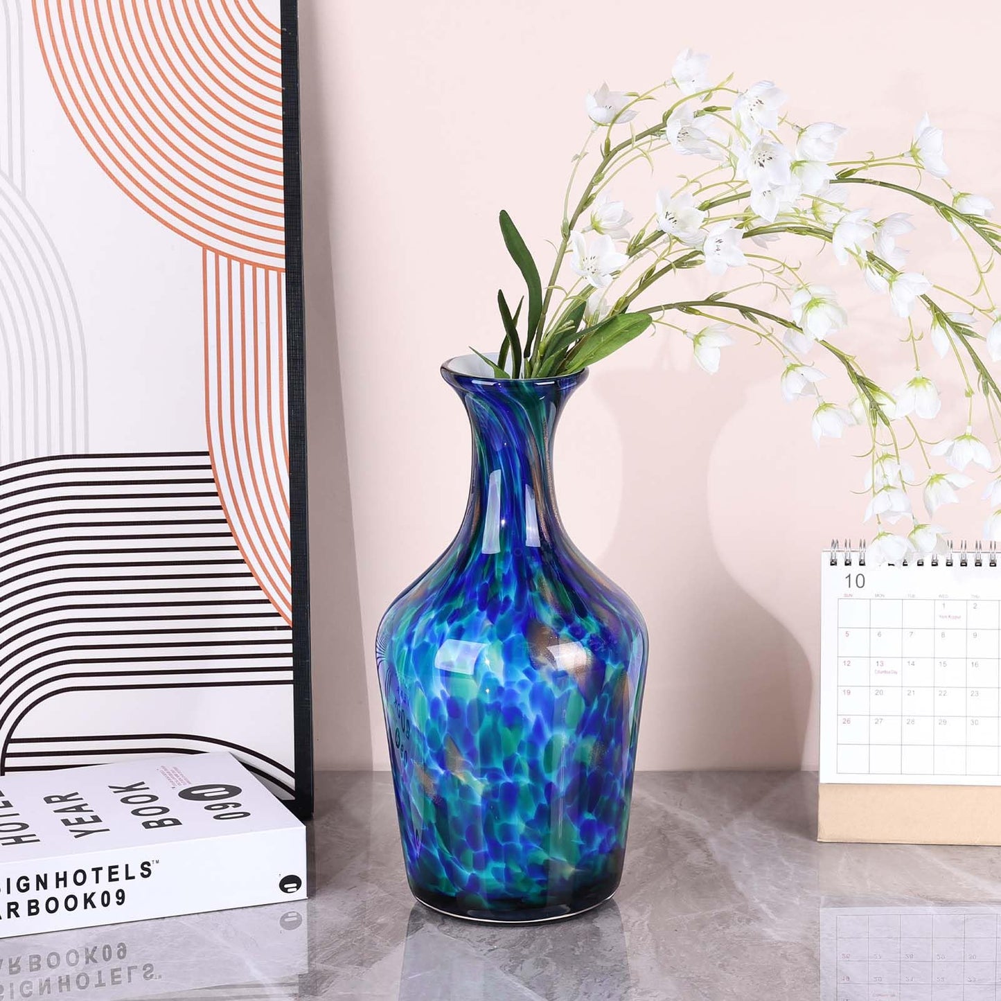 Hand Blown Glass Vase Teal Mosaic (Blue Green Splash) – Murano Inspired Art Glass Vase with Wide Mouth for Flowers, Bubble Vase, Coastal Centerpiece for Dining Room or Living Room (Blue)