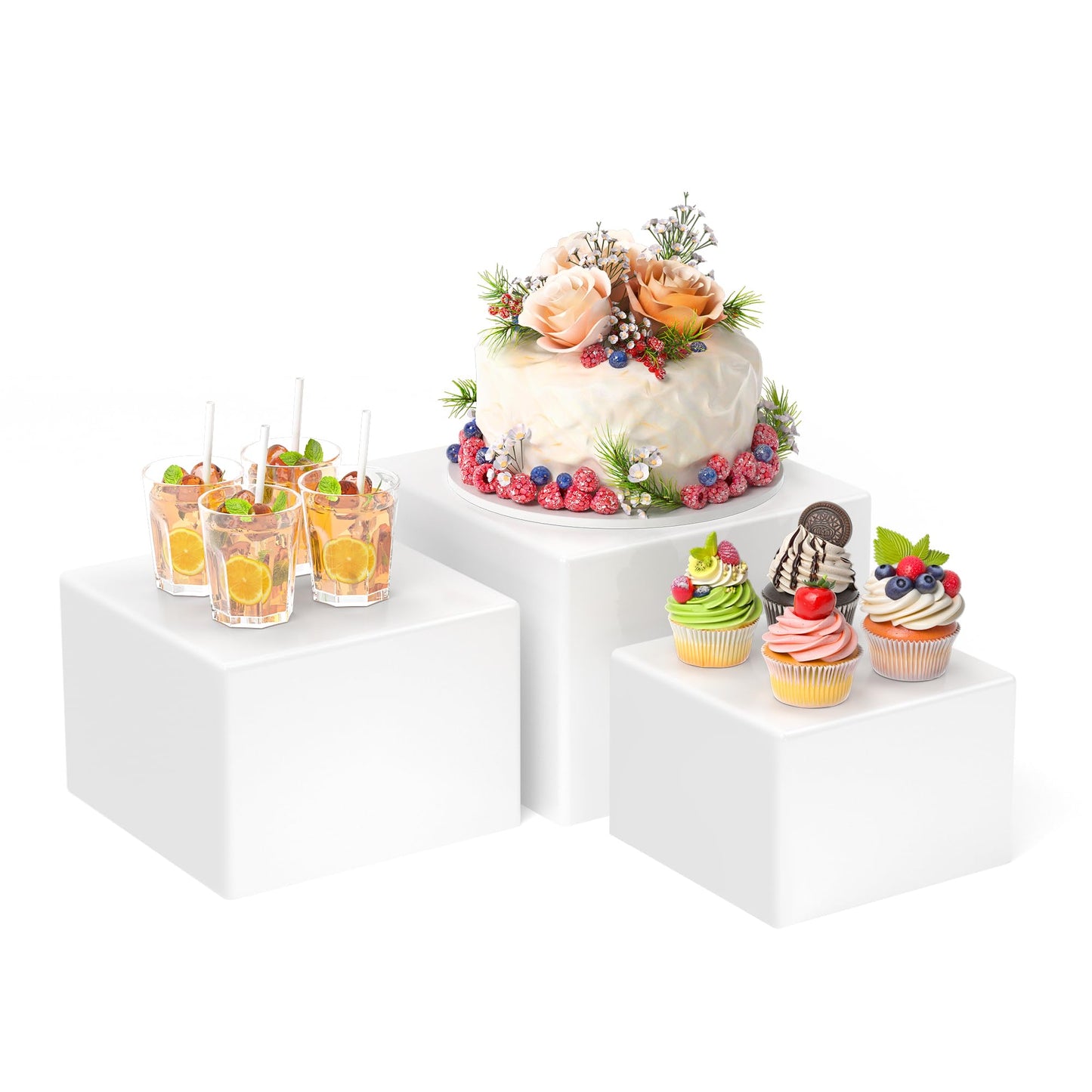 KOLIPI 3Pcs Buffet Risers, Food Risers for Buffet Table, Acrylic Boxes for Display Cube Riser Display Stand for Party Catering Dessert Collectibles, White Set (Size 8", 7", 6")