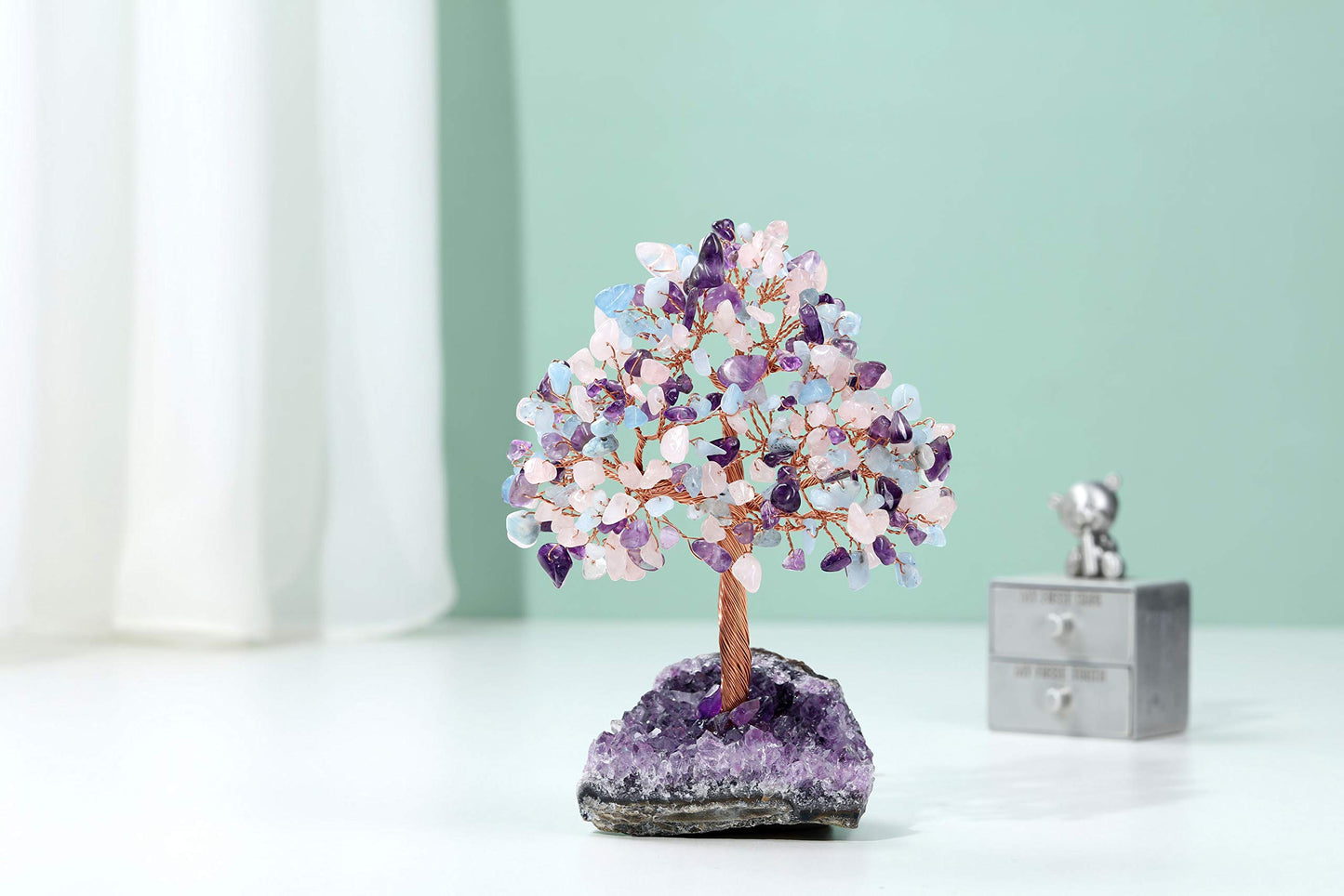 Jovivi Natural Amethyst + Aquamarine + Rose Quartz Healing Crystal Money Tree on Amethyst Cluster Geode Druzy Base Feng Shui Crystals for Home Office Desk Decorations, Wealth, Good Luck