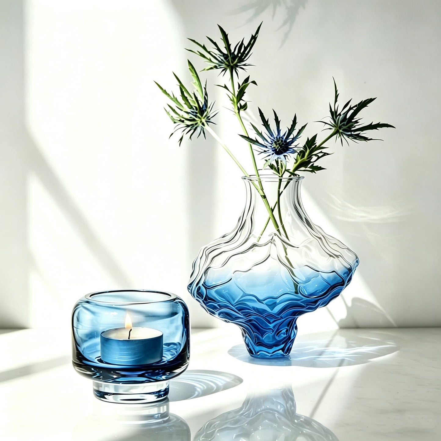 USmagically Glass Vase, Blue Glass Vase Modern Clear Flower Vases 6.29 Inch, Thickened Glass Vases for Centerpieces, Minimalist Decorative Vase for Living Room Kitchen Office Wedding