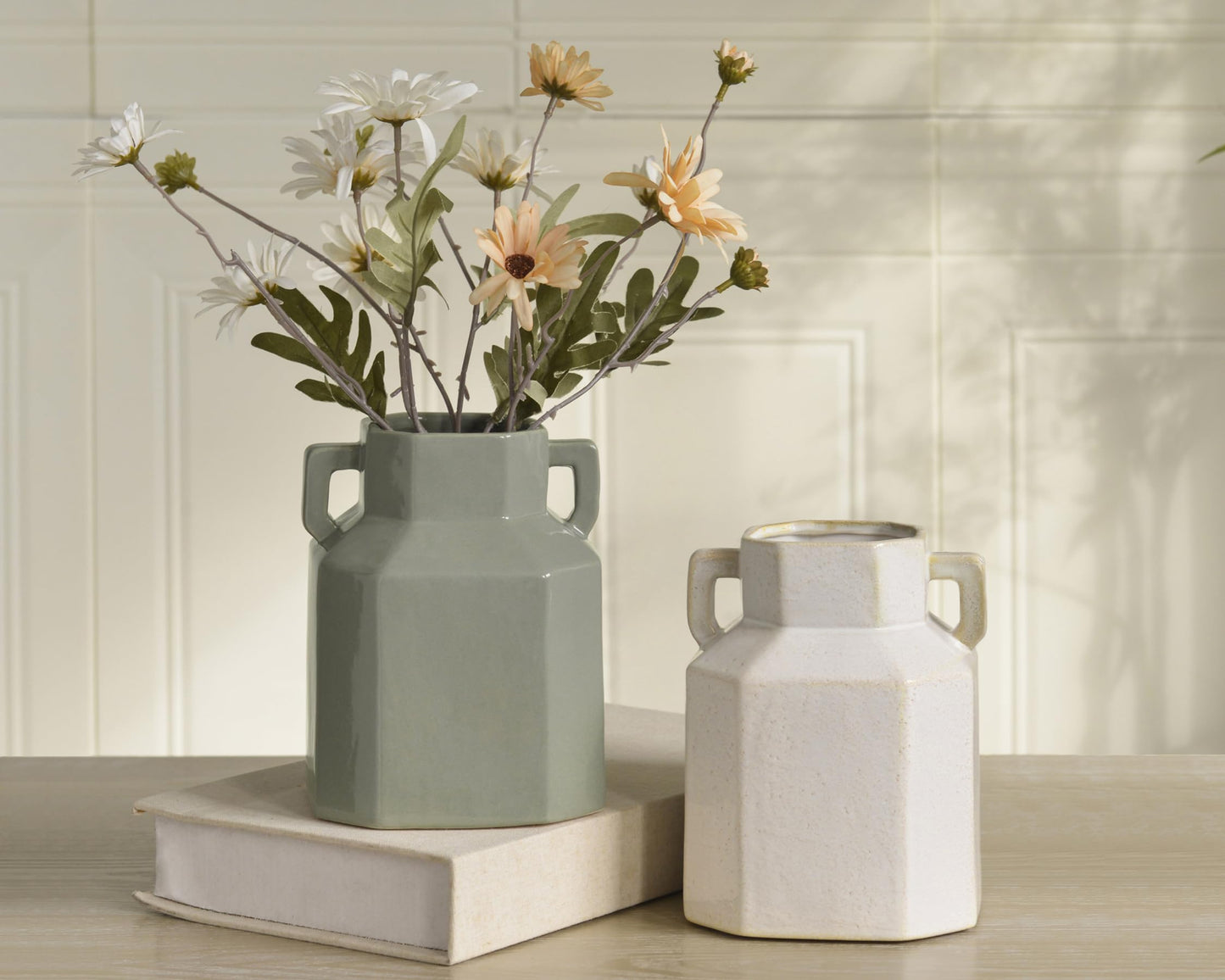 Quoowiit 7.3 Inch Modern Ceramic Vase, Unique Square Vases for Flowers, Boho Vase for Home Decor, Aesthetic Flower Vases Decorations for Living Room Centerpiece Shelf Coffee Table Kitchen Office Green