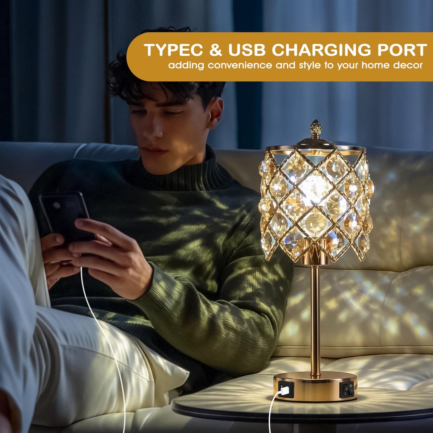 WELAISA Crystal Table Lamp, Gold, 3-Way Dimmable