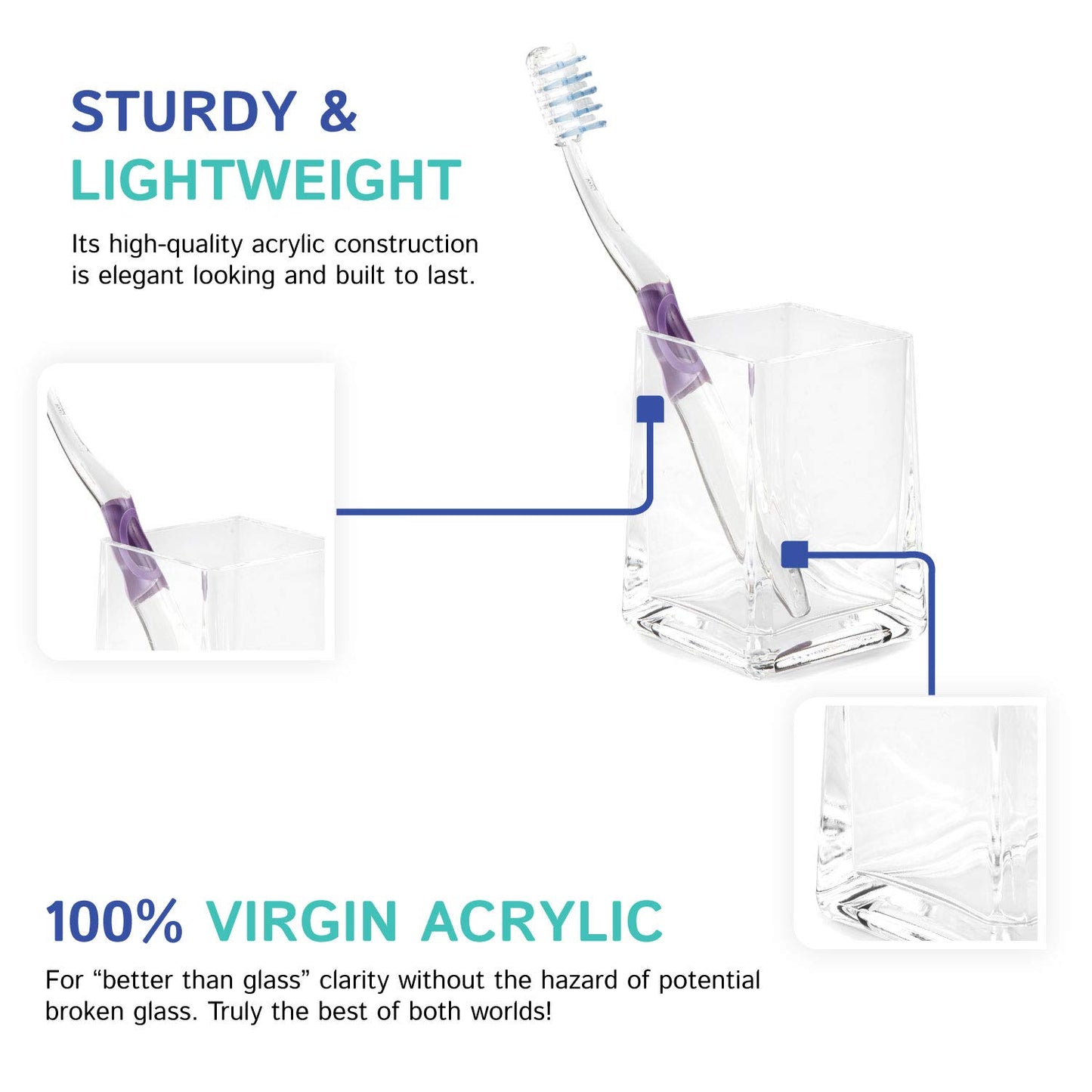 Huang Acrylic Clear Square Tapered Bathroom Toothbrush Holder/Tumbler | Easy to Clean Durable Acrylic | Single Piece Set