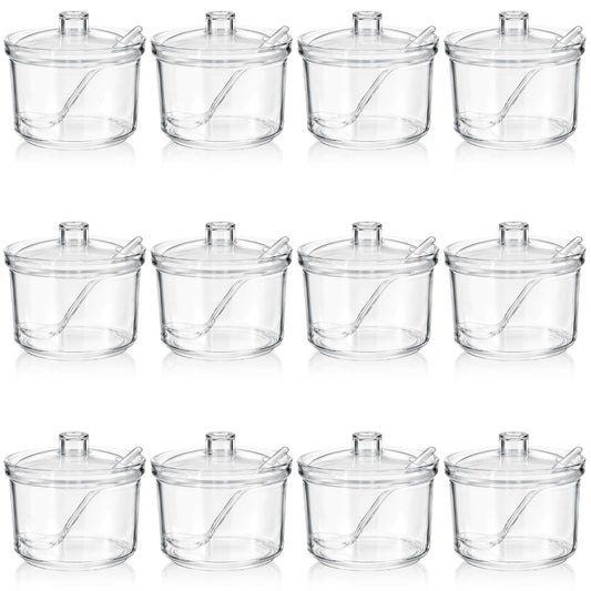 Ptwola 12 Pcs Clear Acrylic Sugar Bowl Set Sugar Containers Salt Canister with Lid and Spoon Perfect for Serving Condiment Candy Coffee Tea Spices (7.4 oz)