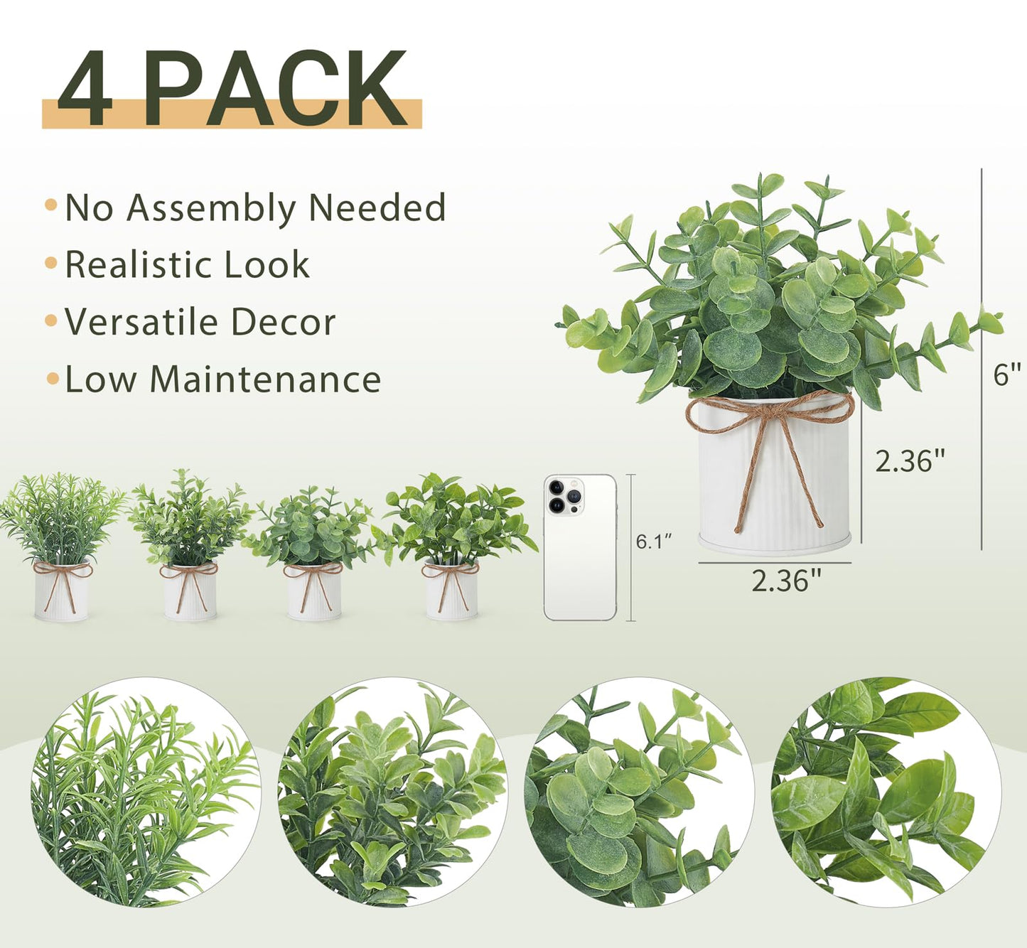 Mkono 4 Packs Small Fake Plants in Farmhouse Galvanized Pots Table Centerpiece Mini Potted Artificial Plants Faux Eucalyptus for Shelf Office Rustic Home Decor (White, Mini-6" H)