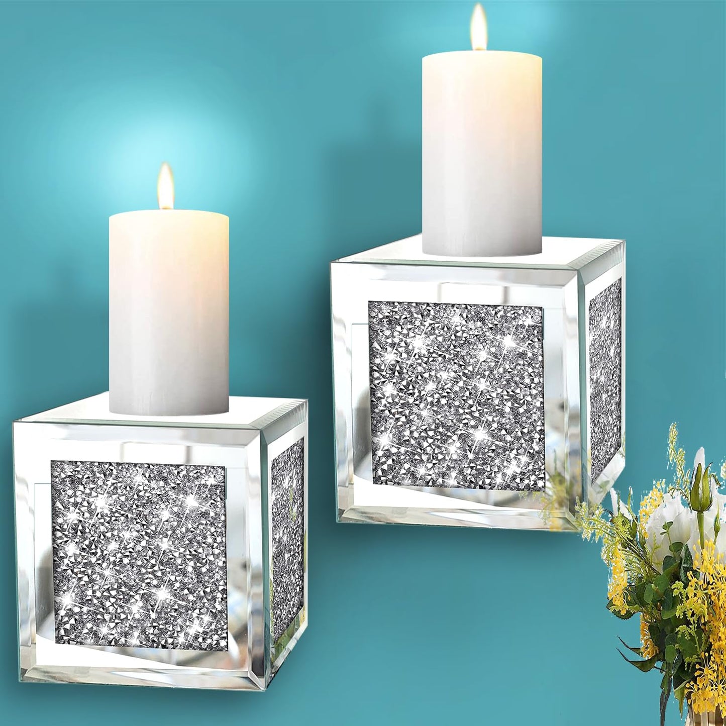 ZOLAPI Set of 2 Crystal Crush Diamond Candle Sconces, Gorgeous Silver Mirrored Wall Sconce, Candle Holder Glass Wall Decorations for Home Décor, Living Room, Dining Room. Floating Shelves