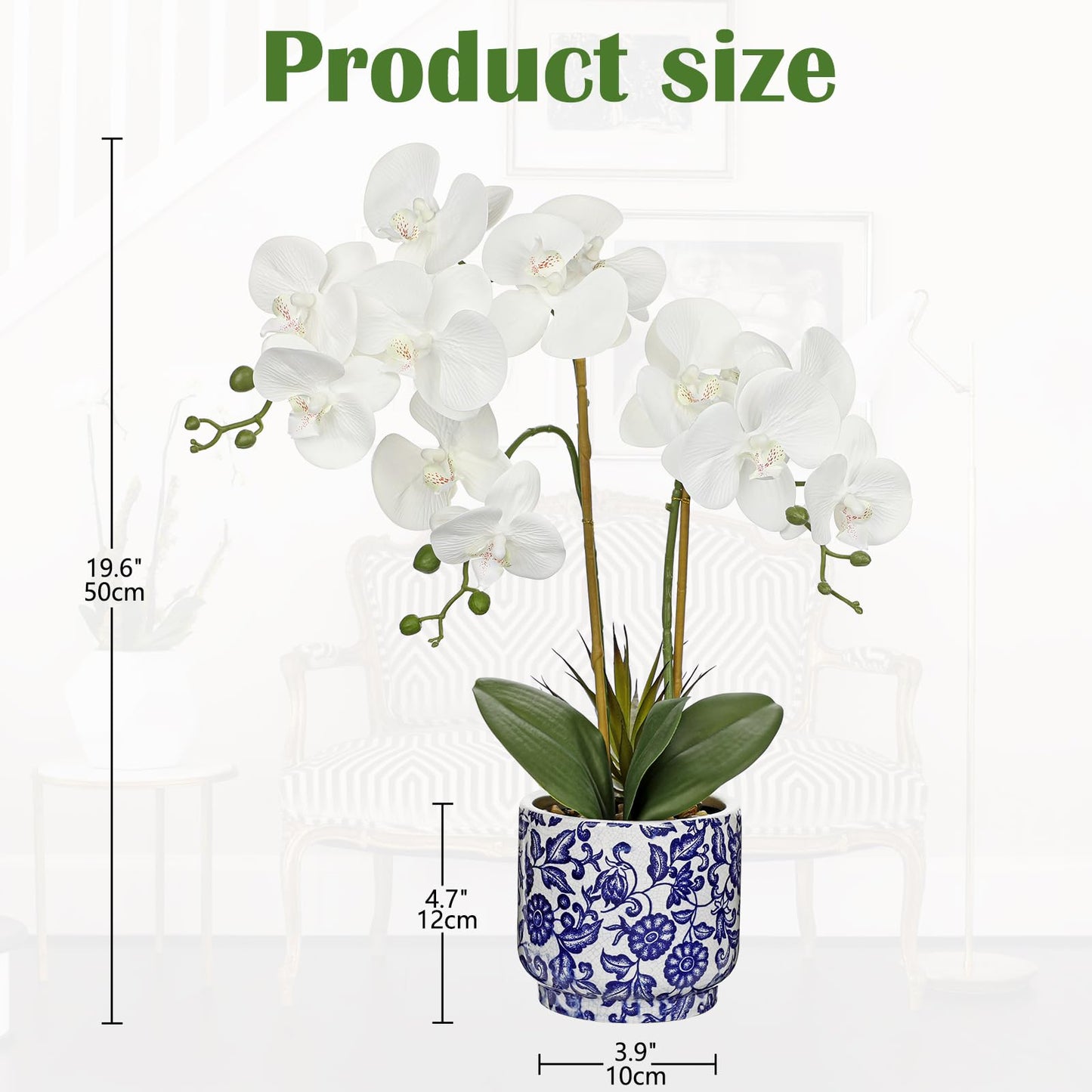 Briful Orchid Artificial Flowers 19.6in White Orchid Silk Floral Arrangement with Blue and White Ceramic Pot Fake Orchid Plant for Home Office Dining Room Table Centerpiece Decor