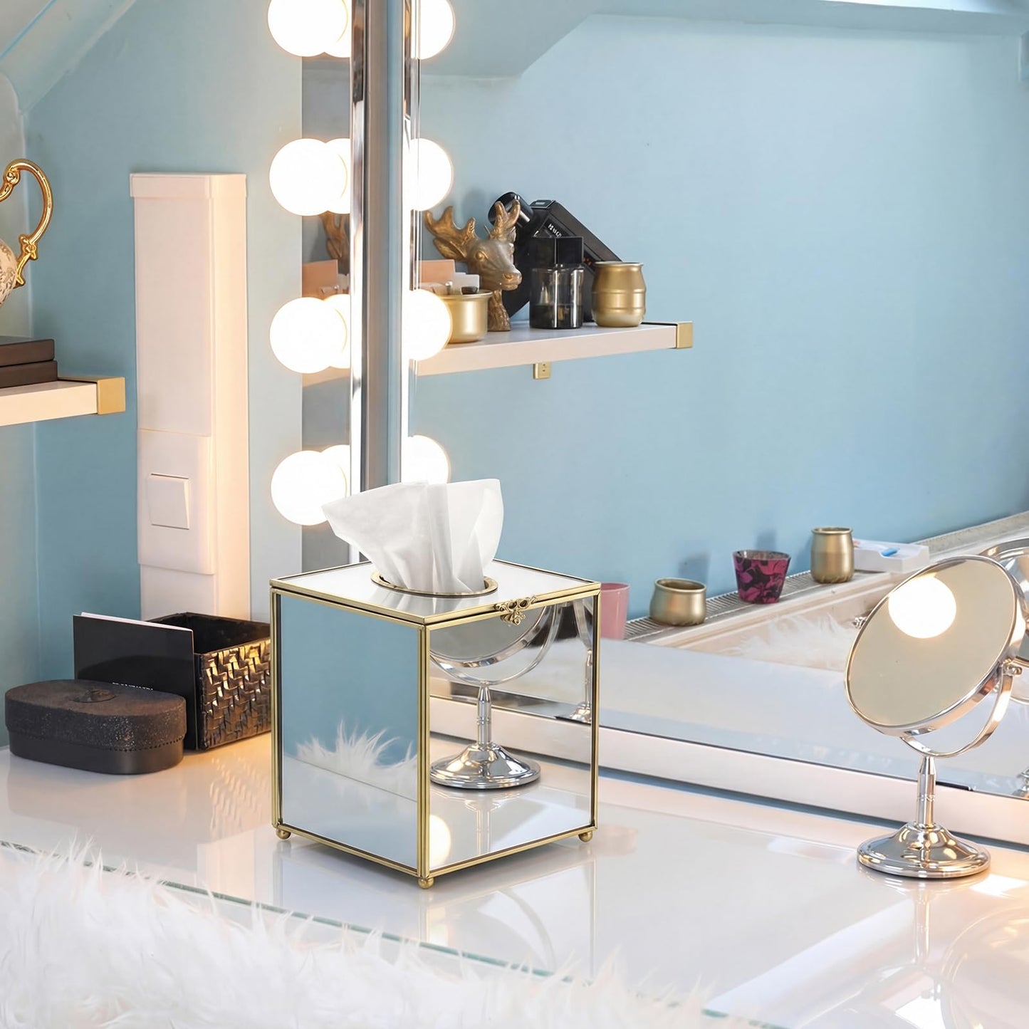 Sumnacon Square Glass Tissue Box Cover with Lid, Mirrored Cube Tissue Box Holder for Bathroom Home Office, Gorgeous Gold Facial Tissue Dispenser for Dresser Vanity Countertop Night Stand
