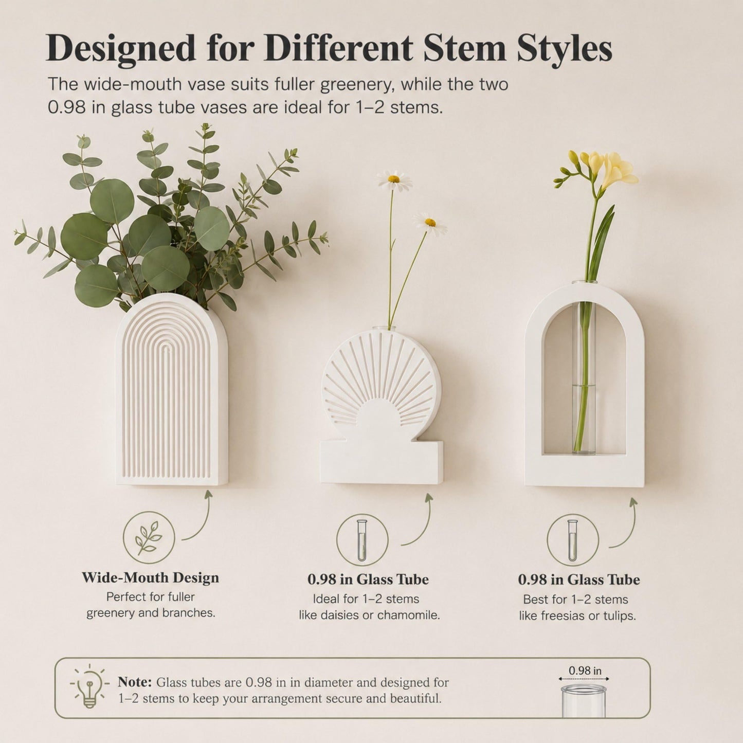 TBWIND White Wooden Wall Vases for Flowers Set of 3, Propagation Planter with 2 Glass Tubes, Modern Farmhouse Hanging Wood Decor for Living Room, Entryway