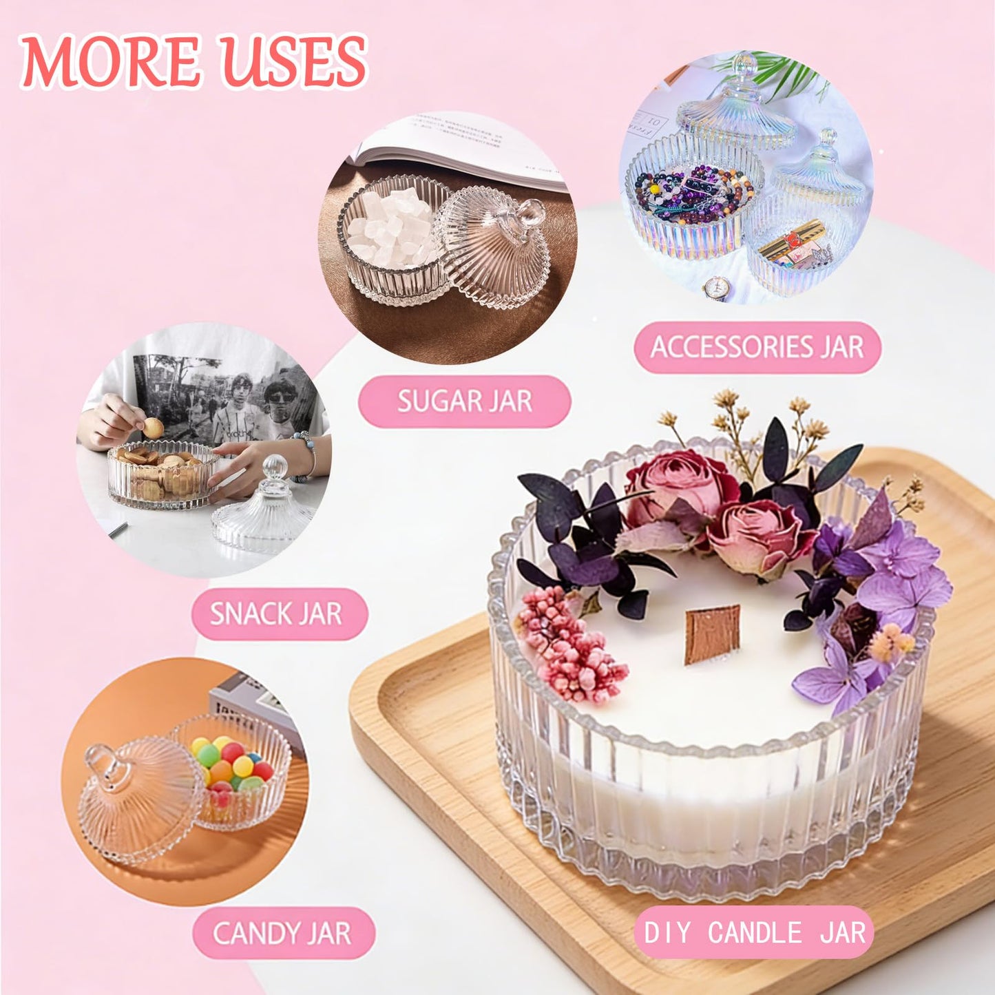 Body Powder Container with Large Powder Puff (2 Pack, 6" Glass Jar), Decorative Crystal Powder Puff Holder for Loose Powder, Talcum Powder, Gift Set for Women and Babies