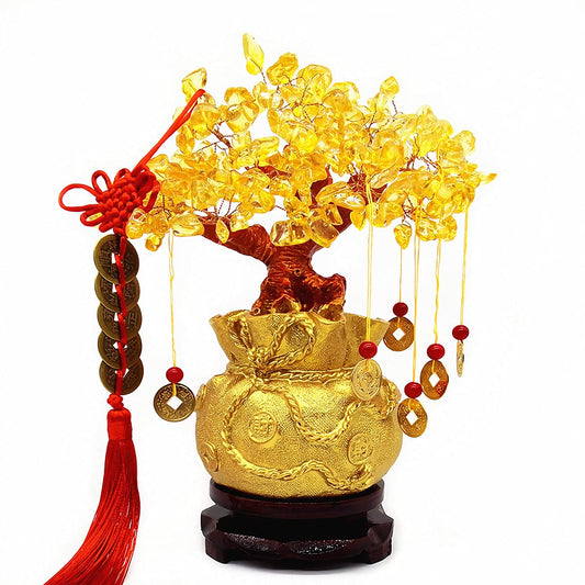 Colorsheng Feng Shui Yellow Quartz Crystal Tree, Bonsai Style Money Trees Decoration for Luck and Wealth (Purse)