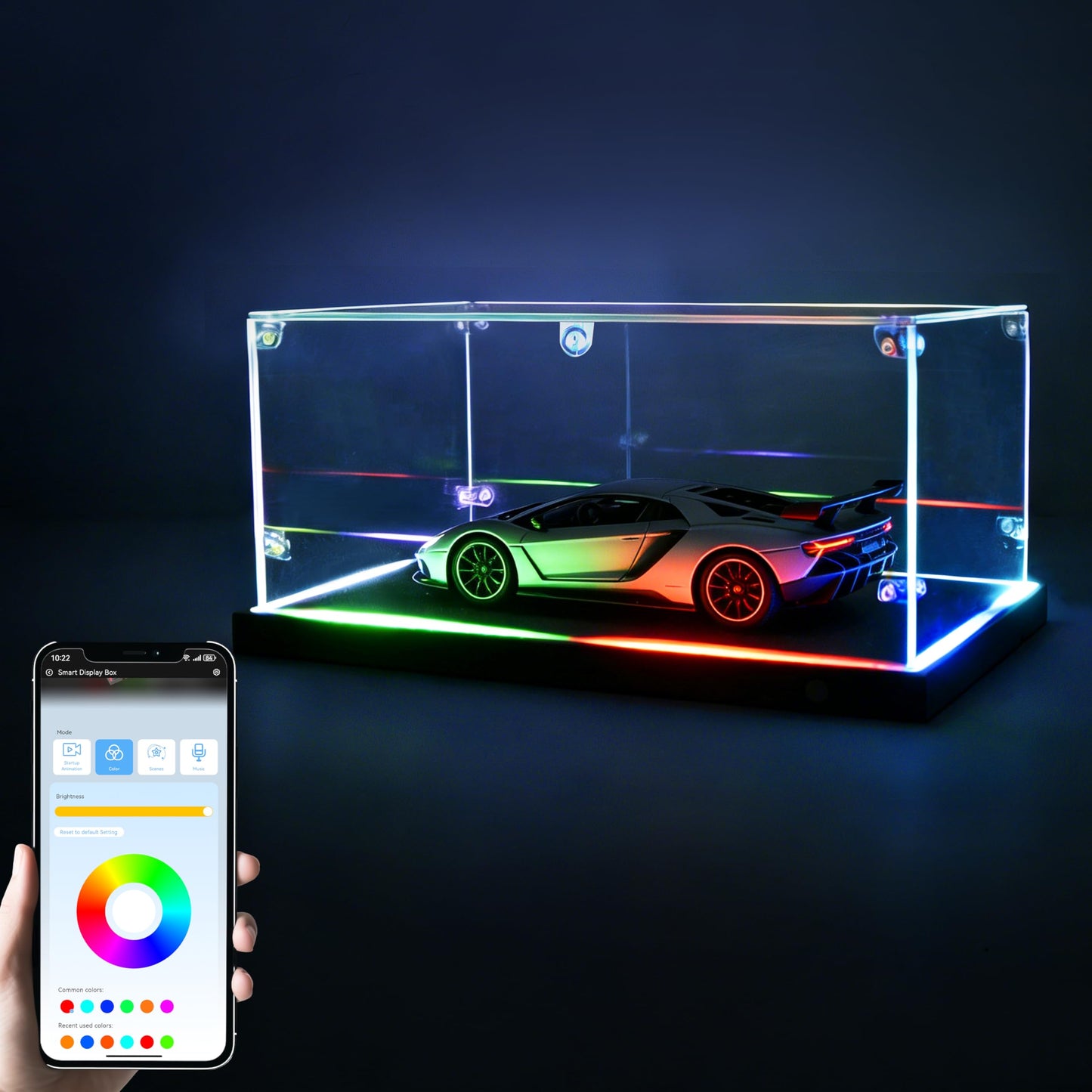POKIAUTO Clear Acrylic Display Case with RGB Lights, Acrylic Storage Organizers Box Dustproof Showcase on Wooden Base for Toys/Figures/Collectibles, APP & Button Control, Music Sync (15.7x7.8x5.9in)