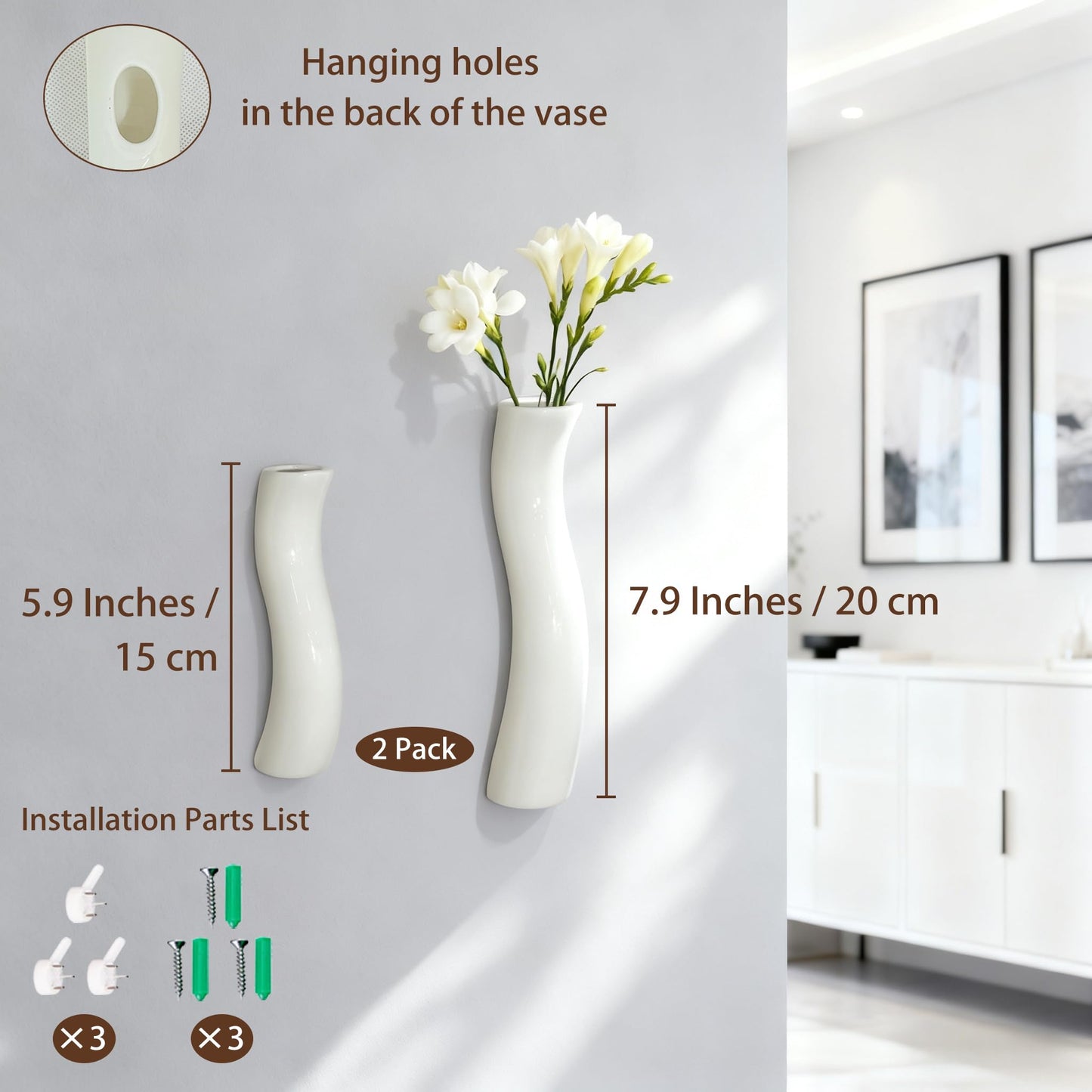 DOCFLVAS Scandinavian Curve Wall Vase — 2 Pack Warm White Ceramic Hanging Vase | Soft-Curve Minimalist Wall Decor for Living Room & Bathroom