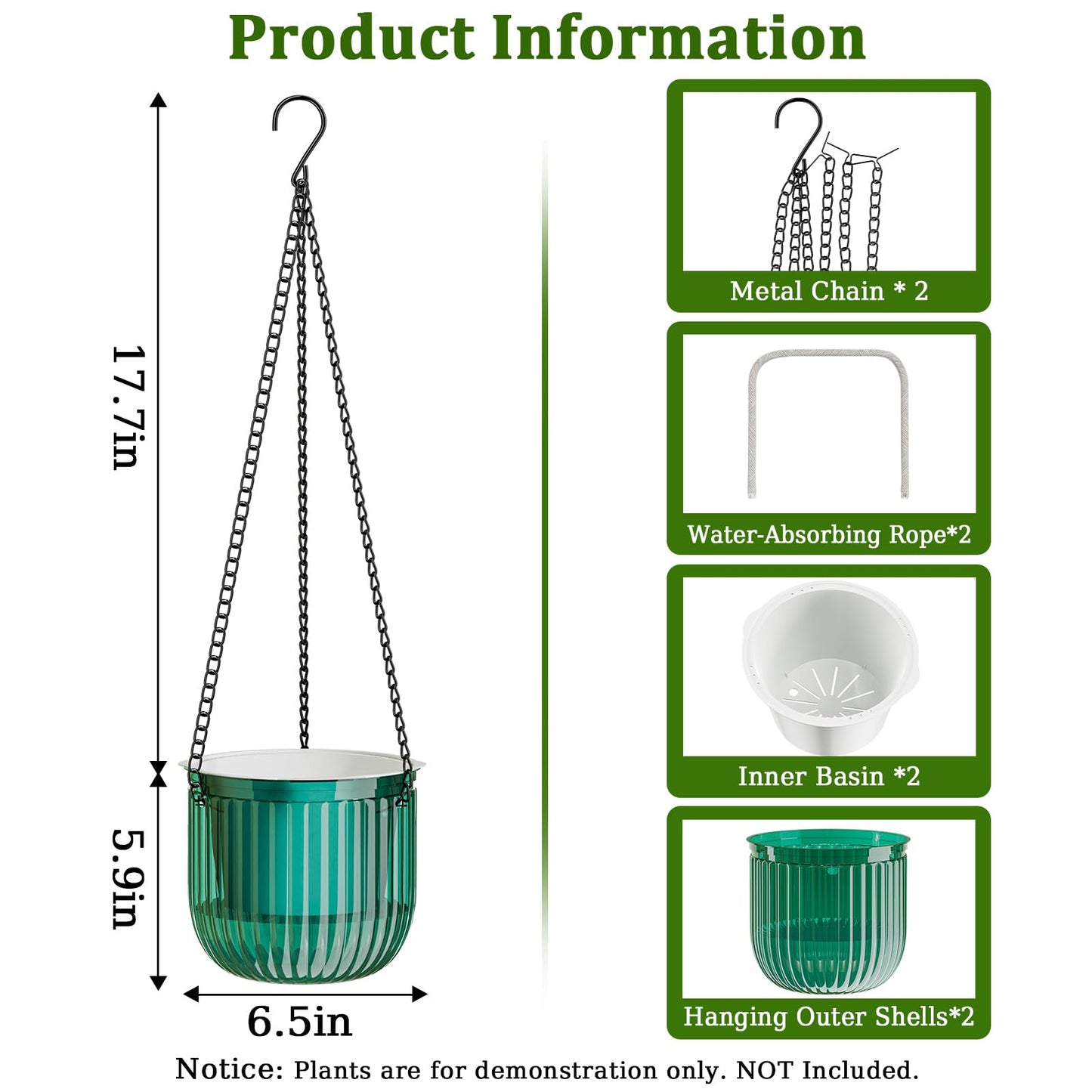 Halatool 2 Pack 6.5 Inch Self-Watering Hanging Planters for Plants, Indoor Hanging Flower Pots for Garden Home Wall Decor, Green