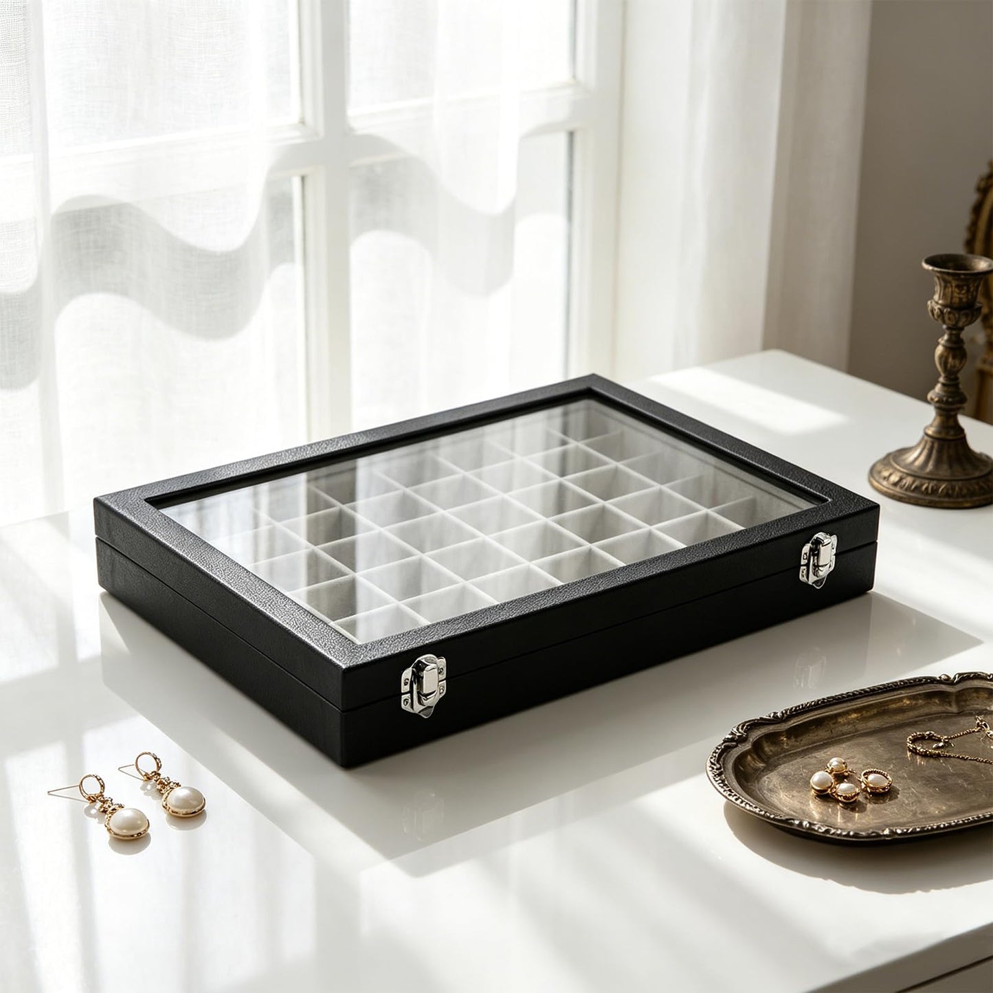 Stratalife Jewelry Organizer 48 Grid Jewelry Tray with Clear Lid Dust-proof Velvet Earring Organizer Necklace Rings Holder Display Drawer Storage Case for Women Gray Black