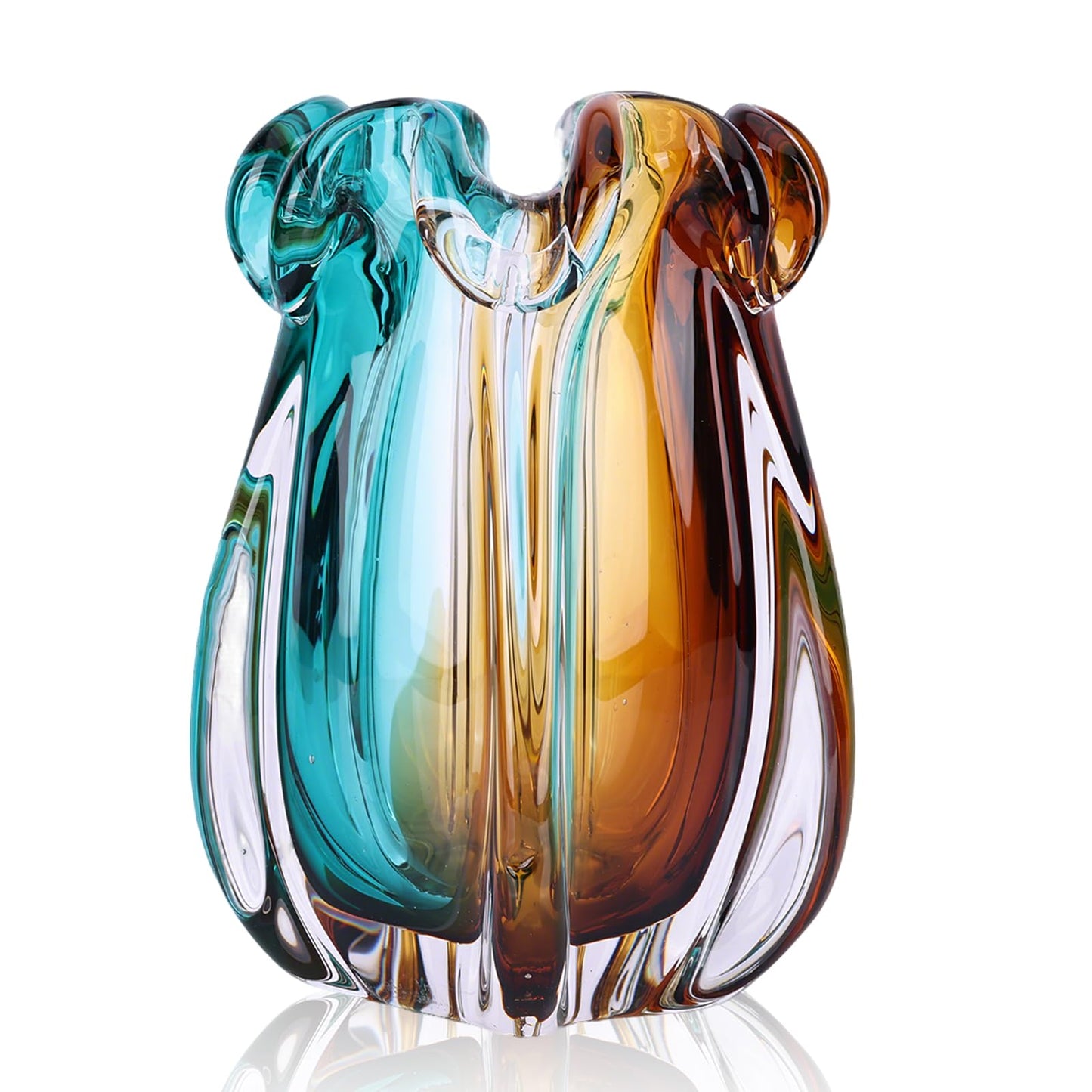 Hand Blown Glass vase, Gradient Blue and Amber Thick-Walled Decorative vase, Glass Art Wide-Mouth vase, Suitable for Living Room Coffee Tables, entryway Decor, Offices, and TV Cabinet Accents. (S)
