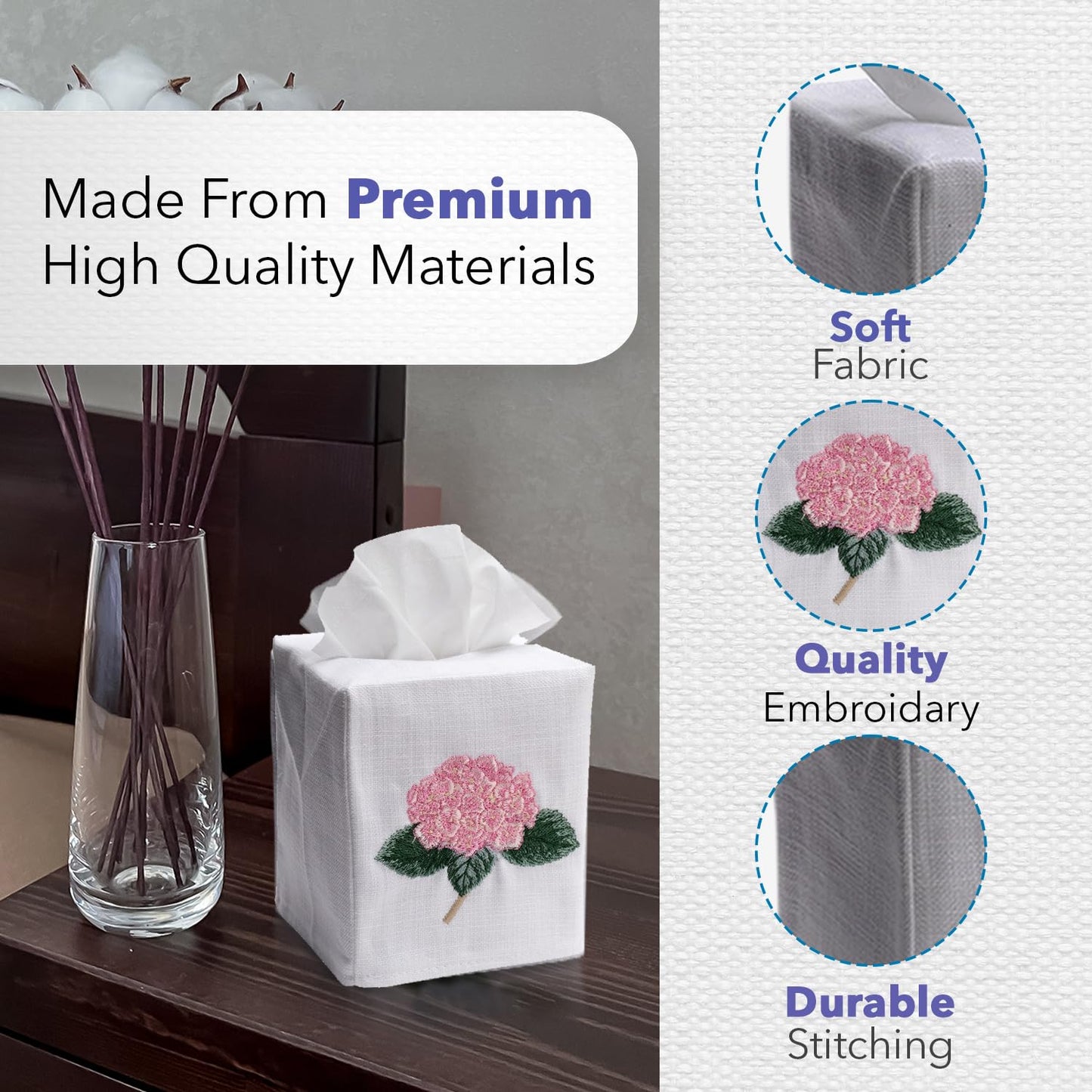 Jacaranda Living Square Tissue Box Cover, Linen/Cotton Fabric Tissue Holder, Decorative Cloth Tissue Cube Cover, Botanical Designs, Apple Blossom (White)